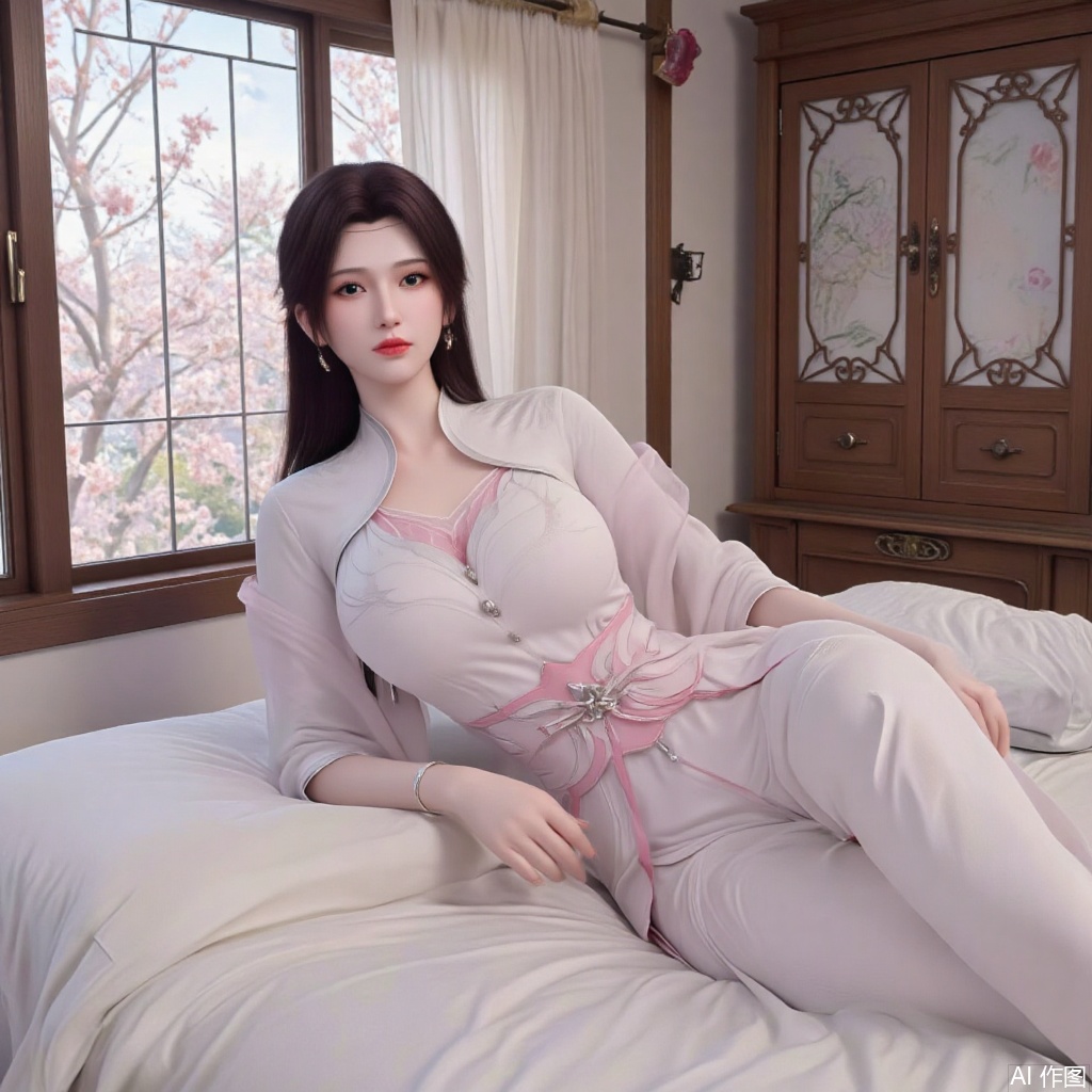 (masterpiece, best quality:1.2),A Hanfu-clad girl lying on a bed, illustration style artwork depicting a room with ancient Chinese furniture, spring scenery outside the window, peach blossom branch extending into the room, soft daylight filtering through paper windows, intricate embroidery details on silk garments, warm pastel tones harmonizing with wooden furniture textures, delicate ink-wash effects enhancing the traditional aesthetic,(huge breasts:2.99),(full breasts:2.99),