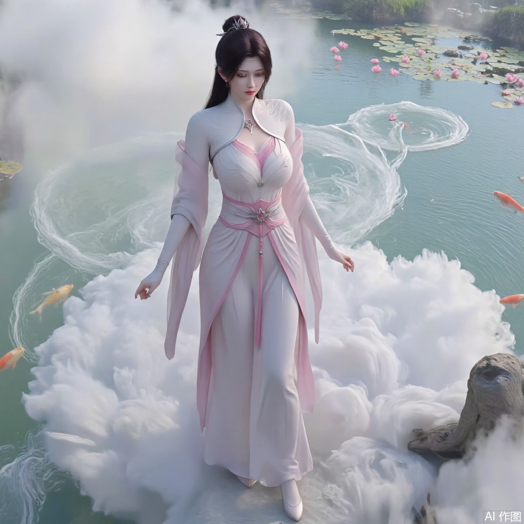 (masterpiece, best quality:1.2),A celestial maiden in Hanfu stands on a cloud, ethereal silk robes fluttering in the wind, swirling sea of clouds beneath her feet, background reveals the emerald lotus pond of Penglai Wonderland with blooming pink-white lotuses, golden koi fish swimming in translucent water, soft morning light piercing through mist, ultra HD rendering showcases intricate embroidery on Hanfu, 8K detail captures dewdrops on lotus petals, dynamic lighting effects emphasize swirling mist movement, panoramic composition creates ethereal celestial atmosphere,(huge breasts:2.99),(full breasts:2.99),