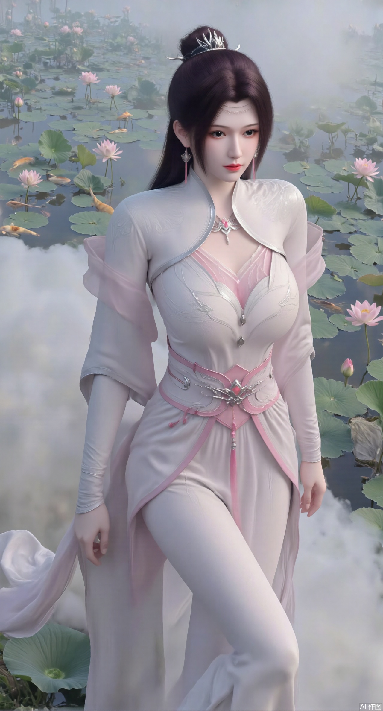 (masterpiece, best quality:1.2),A celestial maiden in Hanfu stands on a cloud, ethereal silk robes fluttering in the wind, swirling sea of clouds beneath her feet, (background reveals the emerald lotus pond of Penglai Wonderland with blooming pink-white lotuses:1.23), golden koi fish swimming in translucent water, soft morning light piercing through mist, ultra HD rendering showcases intricate embroidery on Hanfu, 8K detail captures dewdrops on lotus petals, dynamic lighting effects emphasize swirling mist movement, panoramic composition creates ethereal celestial atmosphere,(huge breasts:2.99),(full breasts:2.99),