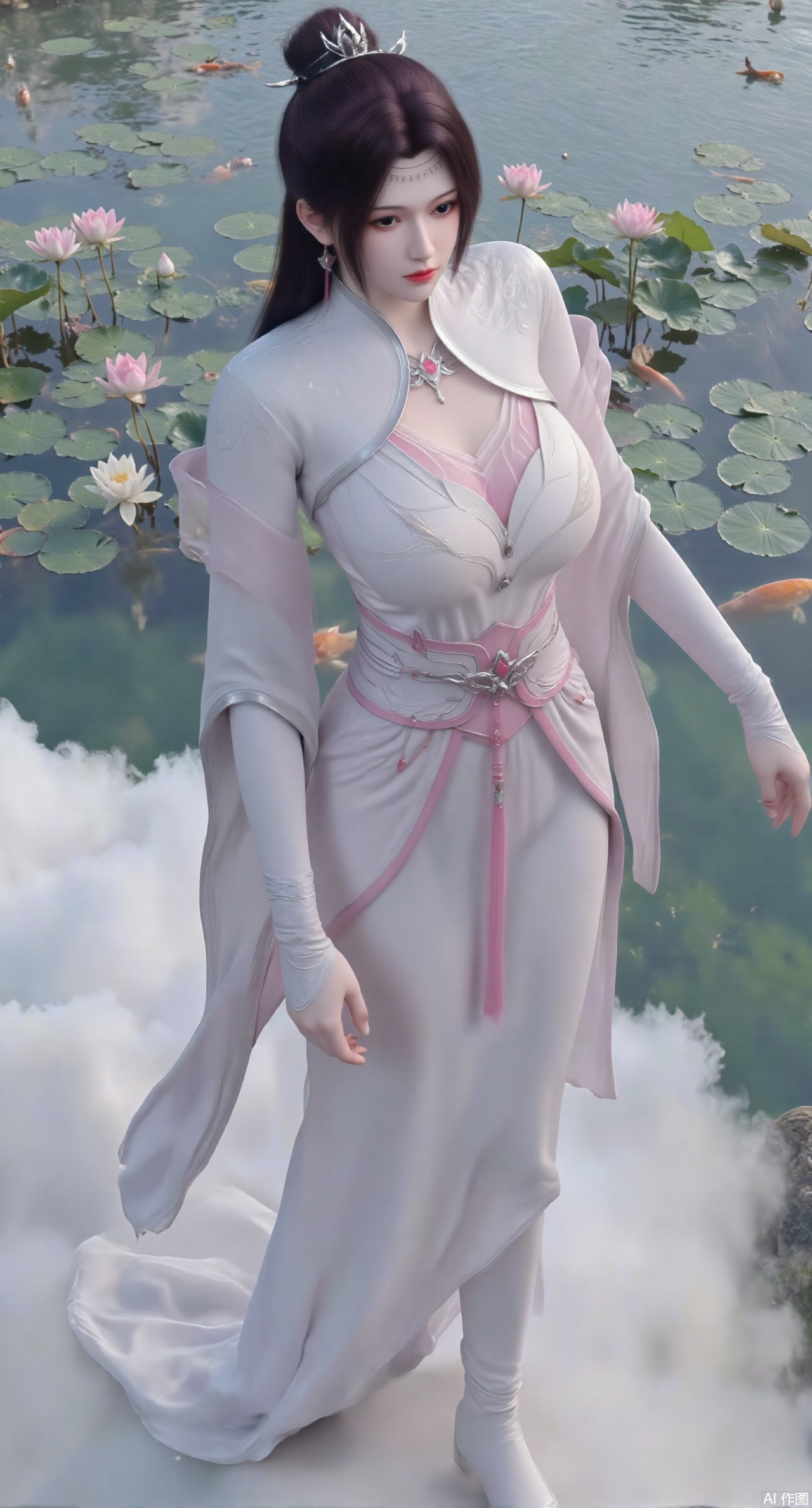 (masterpiece, best quality:1.2),A celestial maiden in Hanfu stands on a cloud, ethereal silk robes fluttering in the wind, swirling sea of clouds beneath her feet, (background reveals the emerald lotus pond of Penglai Wonderland with blooming pink-white lotuses:1.23), golden koi fish swimming in translucent water, soft morning light piercing through mist, ultra HD rendering showcases intricate embroidery on Hanfu, 8K detail captures dewdrops on lotus petals, dynamic lighting effects emphasize swirling mist movement, panoramic composition creates ethereal celestial atmosphere,(huge breasts:2.99),(full breasts:2.99),