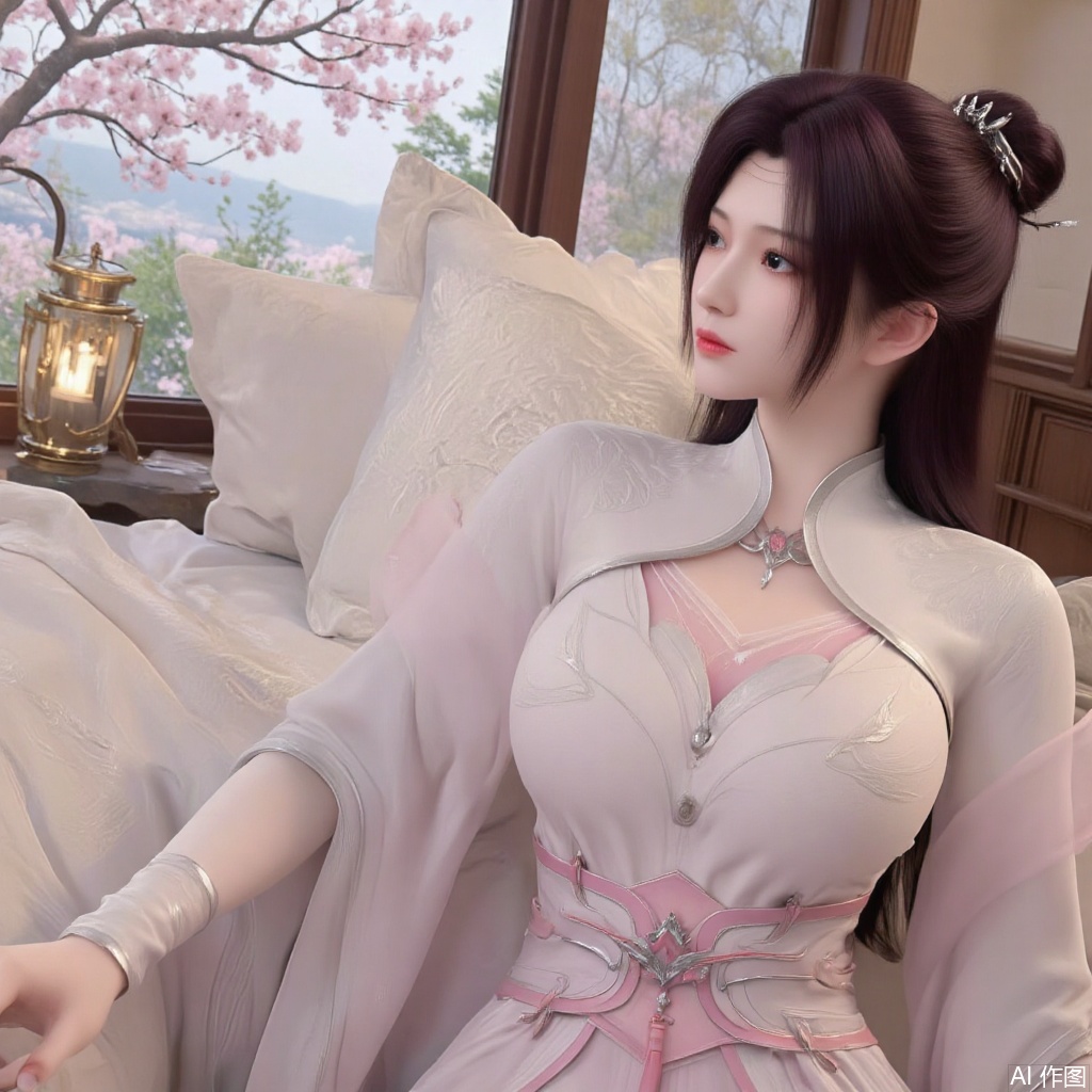 (masterpiece, best quality:1.2),A Hanfu-clad girl lying on a bed, illustration style artwork depicting a room with ancient Chinese furniture, spring scenery outside the window, peach blossom branch extending into the room, soft daylight filtering through paper windows, intricate embroidery details on silk garments, warm pastel tones harmonizing with wooden furniture textures, delicate ink-wash effects enhancing the traditional aesthetic,(huge breasts:2.99),(full breasts:2.99),