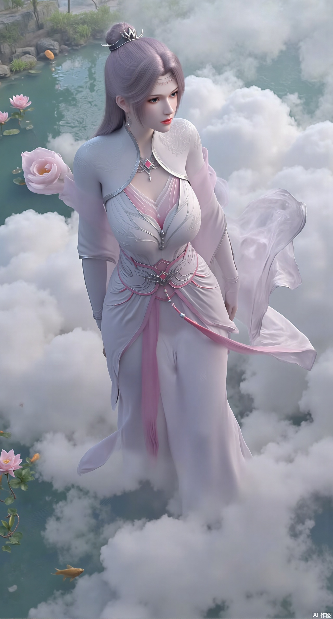 (masterpiece, best quality:1.2),A celestial maiden in Hanfu stands on a cloud, ethereal silk robes fluttering in the wind, swirling sea of clouds beneath her feet, background reveals the emerald lotus pond of Penglai Wonderland with blooming pink-white lotuses, golden koi fish swimming in translucent water, soft morning light piercing through mist, ultra HD rendering showcases intricate embroidery on Hanfu, 8K detail captures dewdrops on lotus petals, dynamic lighting effects emphasize swirling mist movement, panoramic composition creates ethereal celestial atmosphere,(huge breasts:2.99),(full breasts:2.99),