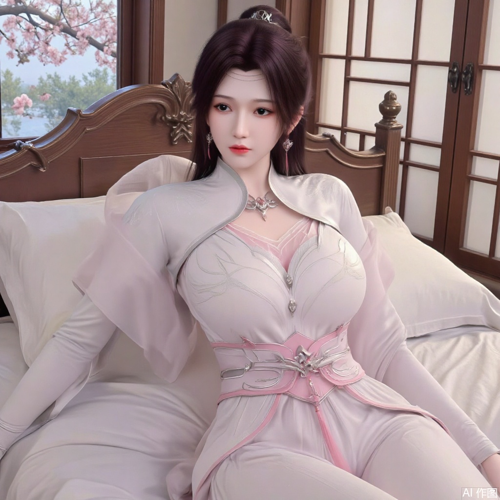 (masterpiece, best quality:1.2),A Hanfu-clad girl lying on a bed, illustration style artwork depicting a room with ancient Chinese furniture, spring scenery outside the window, peach blossom branch extending into the room, soft daylight filtering through paper windows, intricate embroidery details on silk garments, warm pastel tones harmonizing with wooden furniture textures, delicate ink-wash effects enhancing the traditional aesthetic,(huge breasts:2.99),(full breasts:2.99),