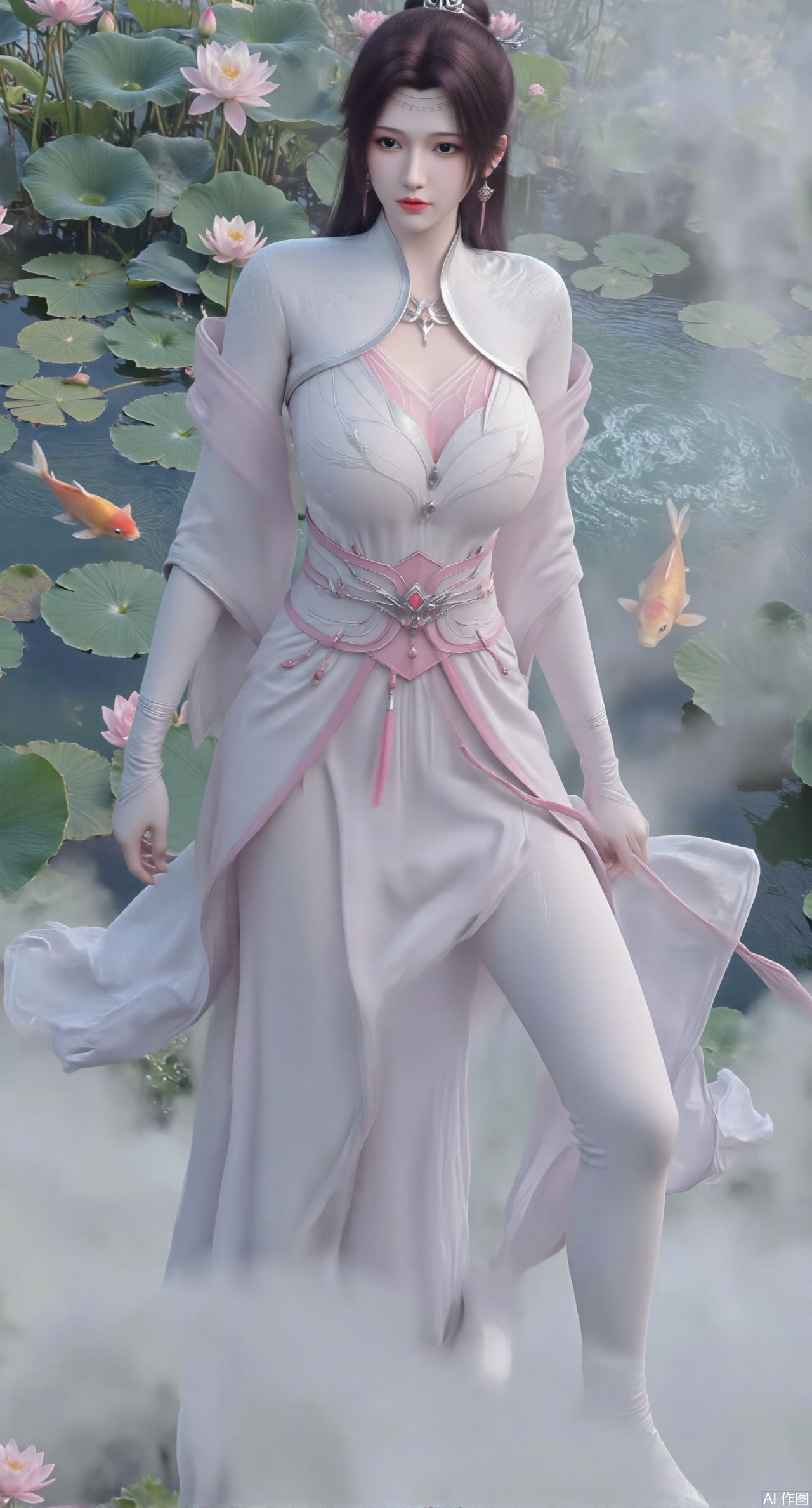 (masterpiece, best quality:1.2),A celestial maiden in Hanfu stands on a cloud, ethereal silk robes fluttering in the wind, swirling sea of clouds beneath her feet, (background reveals the emerald lotus pond of Penglai Wonderland with blooming pink-white lotuses:1.23), golden koi fish swimming in translucent water, soft morning light piercing through mist, ultra HD rendering showcases intricate embroidery on Hanfu, 8K detail captures dewdrops on lotus petals, dynamic lighting effects emphasize swirling mist movement, panoramic composition creates ethereal celestial atmosphere,(huge breasts:2.99),(full breasts:2.99),