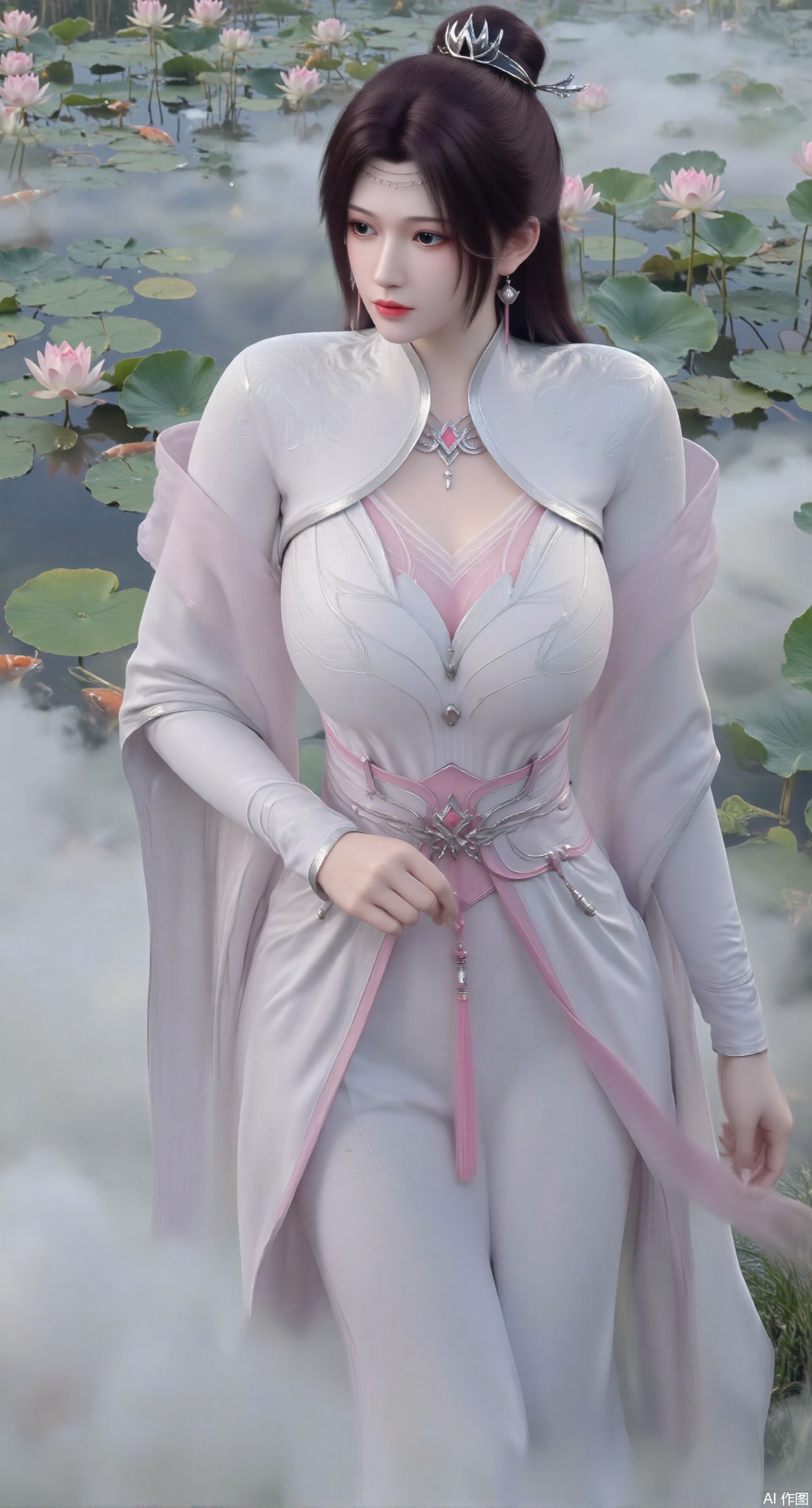 (masterpiece, best quality:1.2),A celestial maiden in Hanfu stands on a cloud, ethereal silk robes fluttering in the wind, swirling sea of clouds beneath her feet, (background reveals the emerald lotus pond of Penglai Wonderland with blooming pink-white lotuses:1.23), golden koi fish swimming in translucent water, soft morning light piercing through mist, ultra HD rendering showcases intricate embroidery on Hanfu, 8K detail captures dewdrops on lotus petals, dynamic lighting effects emphasize swirling mist movement, panoramic composition creates ethereal celestial atmosphere,(huge breasts:2.99),(full breasts:2.99),