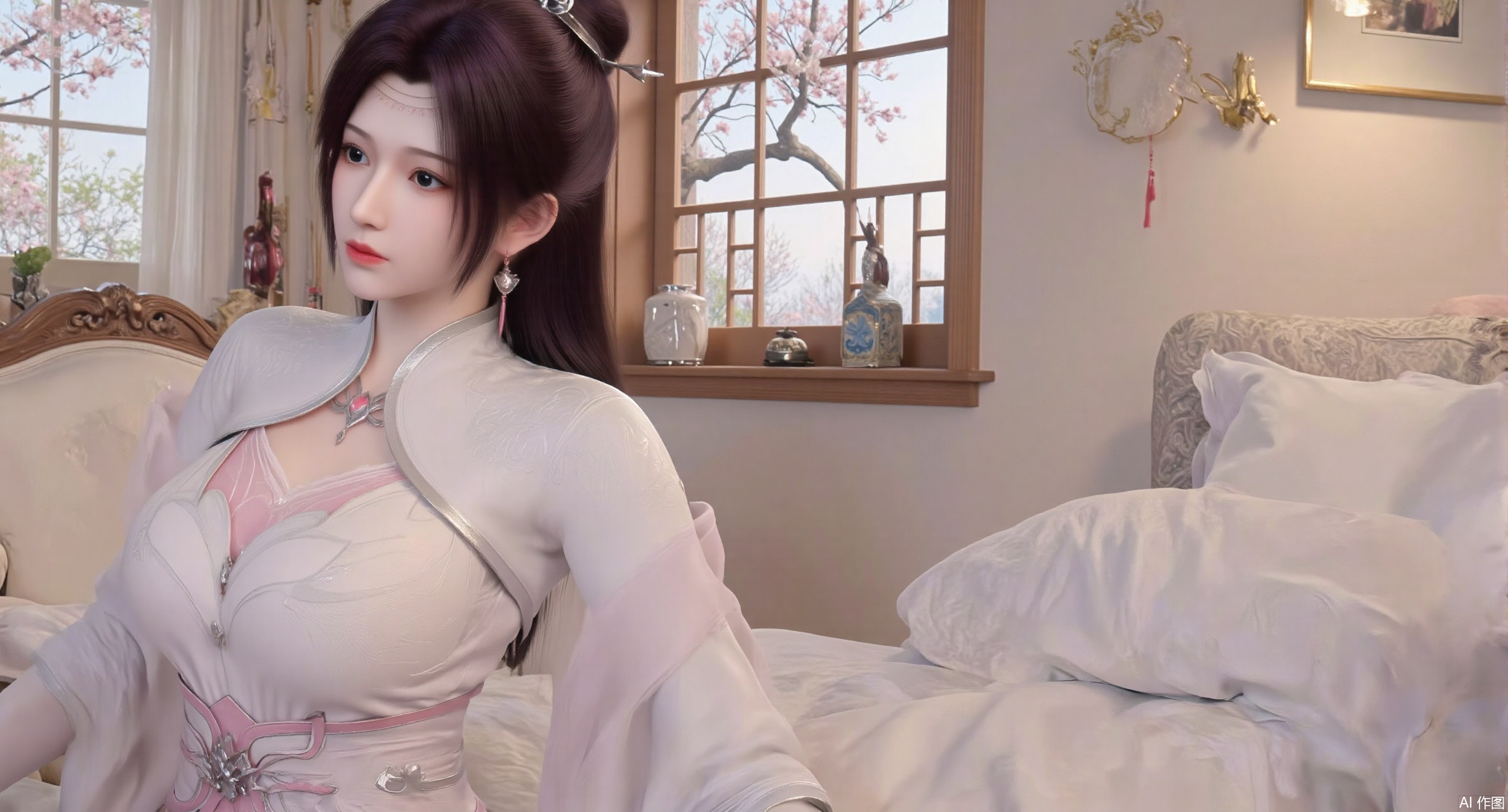 (masterpiece, best quality:1.2),A Hanfu-clad girl lying on a bed, illustration style artwork depicting a room with ancient Chinese furniture, spring scenery outside the window, peach blossom branch extending into the room, soft daylight filtering through paper windows, intricate embroidery details on silk garments, warm pastel tones harmonizing with wooden furniture textures, delicate ink-wash effects enhancing the traditional aesthetic,(huge breasts:2.99),(full breasts:2.99),