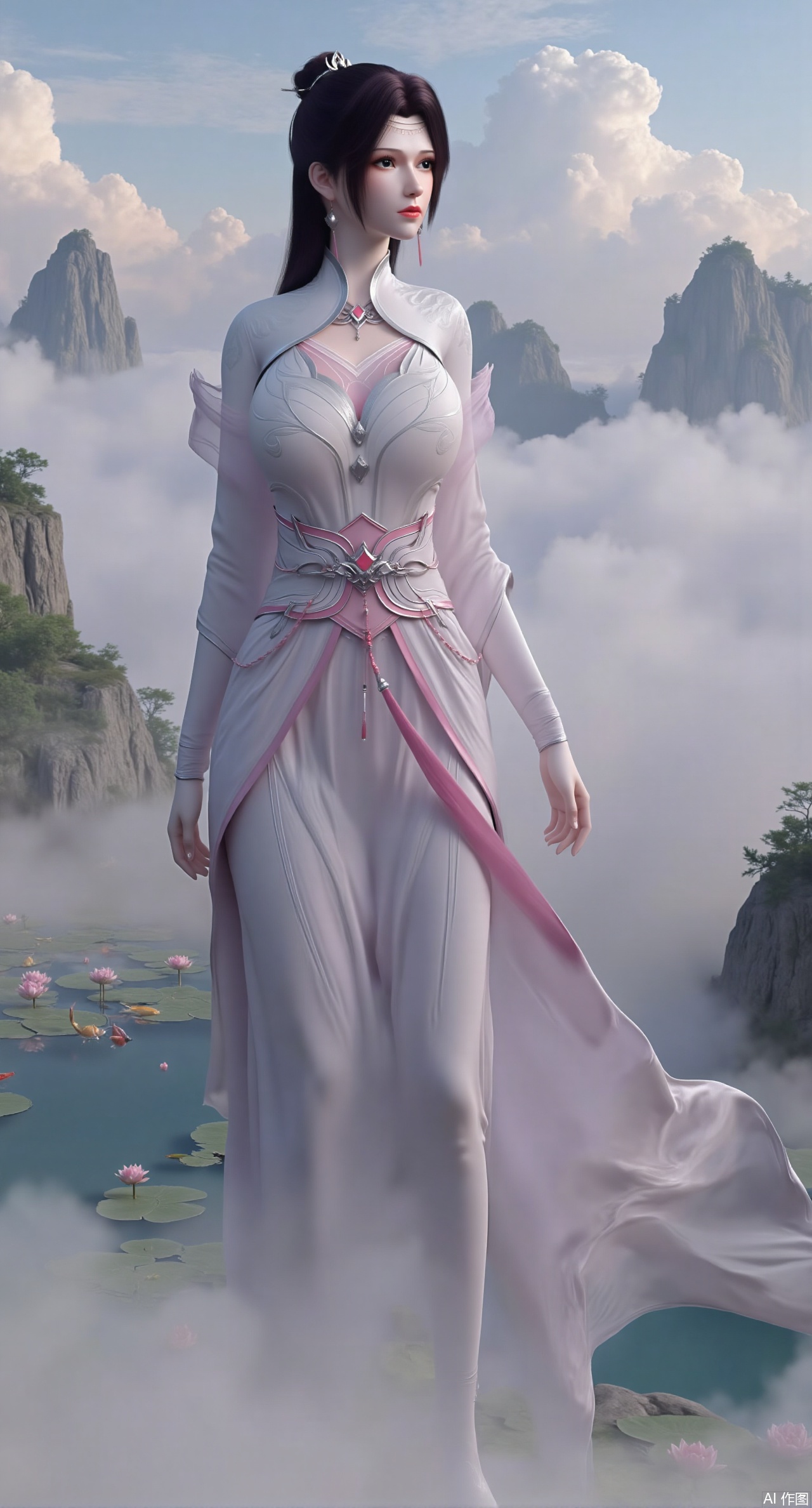 (masterpiece, best quality:1.2),A celestial maiden in Hanfu stands on a cloud, ethereal silk robes fluttering in the wind, swirling sea of clouds beneath her feet, background reveals the emerald lotus pond of Penglai Wonderland with blooming pink-white lotuses, golden koi fish swimming in translucent water, soft morning light piercing through mist, ultra HD rendering showcases intricate embroidery on Hanfu, 8K detail captures dewdrops on lotus petals, dynamic lighting effects emphasize swirling mist movement, panoramic composition creates ethereal celestial atmosphere,(huge breasts:2.99),(full breasts:2.99),