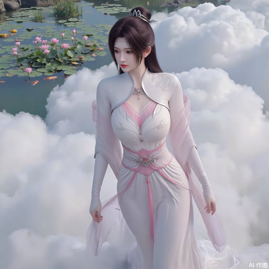 (masterpiece, best quality:1.2),A celestial maiden in Hanfu stands on a cloud, ethereal silk robes fluttering in the wind, swirling sea of clouds beneath her feet, background reveals the emerald lotus pond of Penglai Wonderland with blooming pink-white lotuses, golden koi fish swimming in translucent water, soft morning light piercing through mist, ultra HD rendering showcases intricate embroidery on Hanfu, 8K detail captures dewdrops on lotus petals, dynamic lighting effects emphasize swirling mist movement, panoramic composition creates ethereal celestial atmosphere,(huge breasts:2.99),(full breasts:2.99),