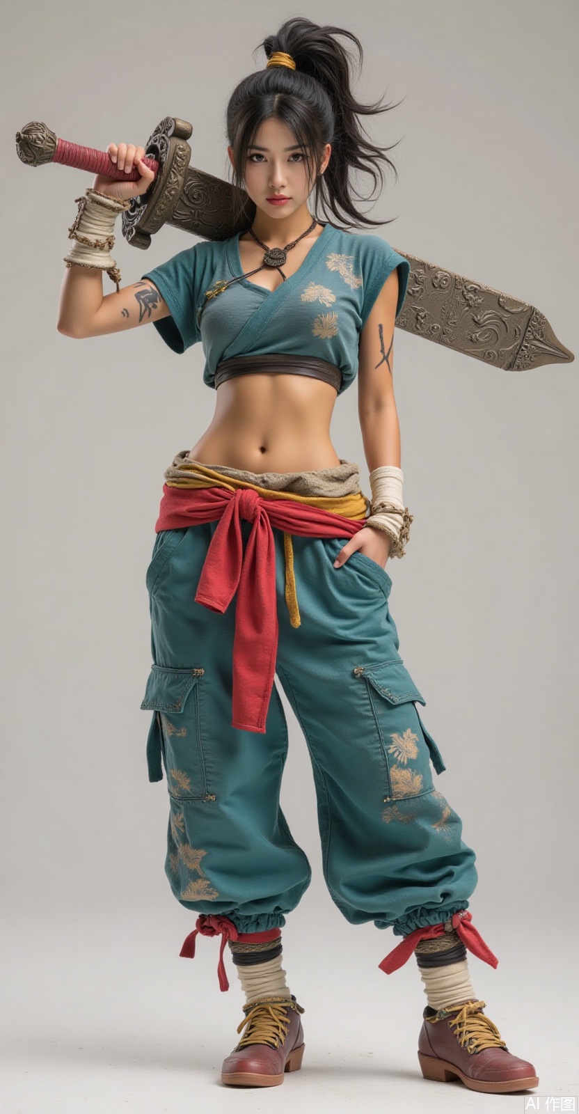 1girl,carrying a big sword on her shoulders, black hair, breasts, clothes around waist, crop top, full body, jewelry, lips, medium breasts, midriff, navel, ponytail, realistic, solo, standing, tattoo, wristband,Pants,shoes,