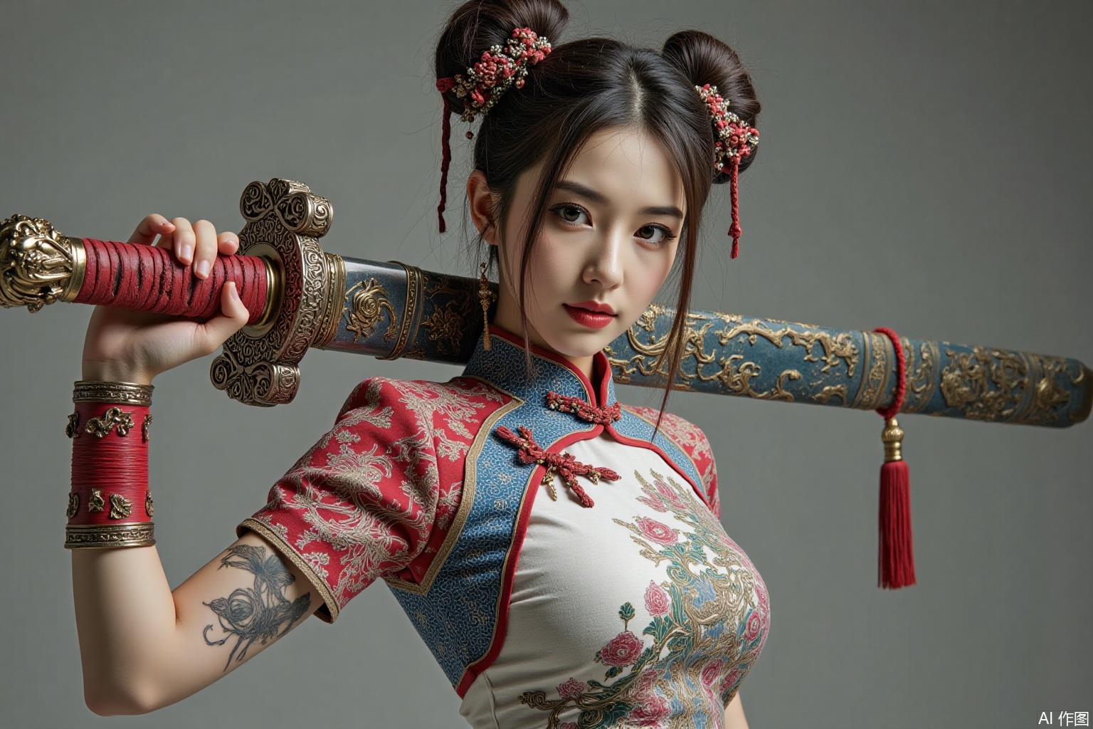 A beautiful woman in a Chinese dress carrying a huge sword on her shoulders and double buns