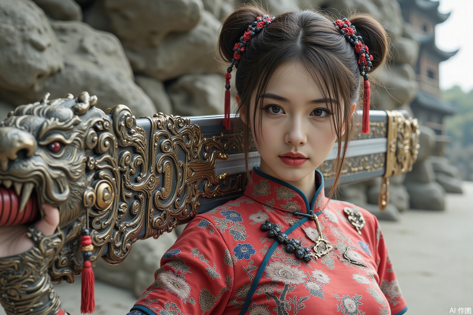 A beautiful woman in a Chinese dress carrying a huge sword on her shoulders and double buns