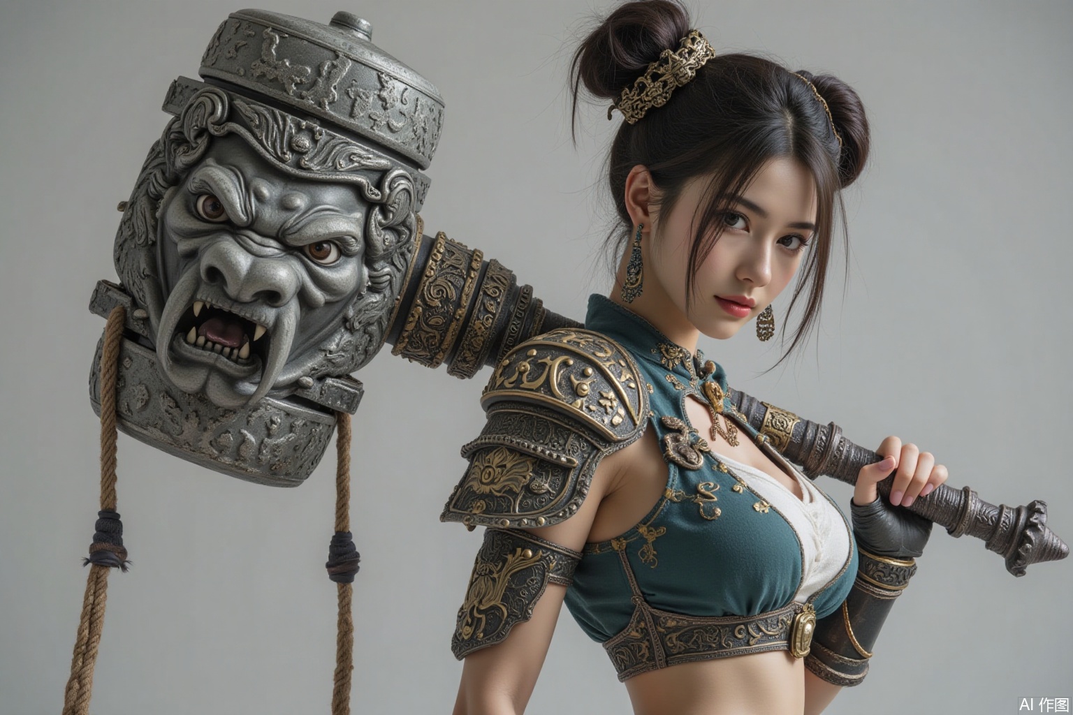 1girl armor grey background sword sledgehammer black hair breasts over shoulder realistic weapon weapon over shoulder earrings holding sword jewelry makeup shoulder armor solo sword over shoulder double bun holding holding weapon upper body,