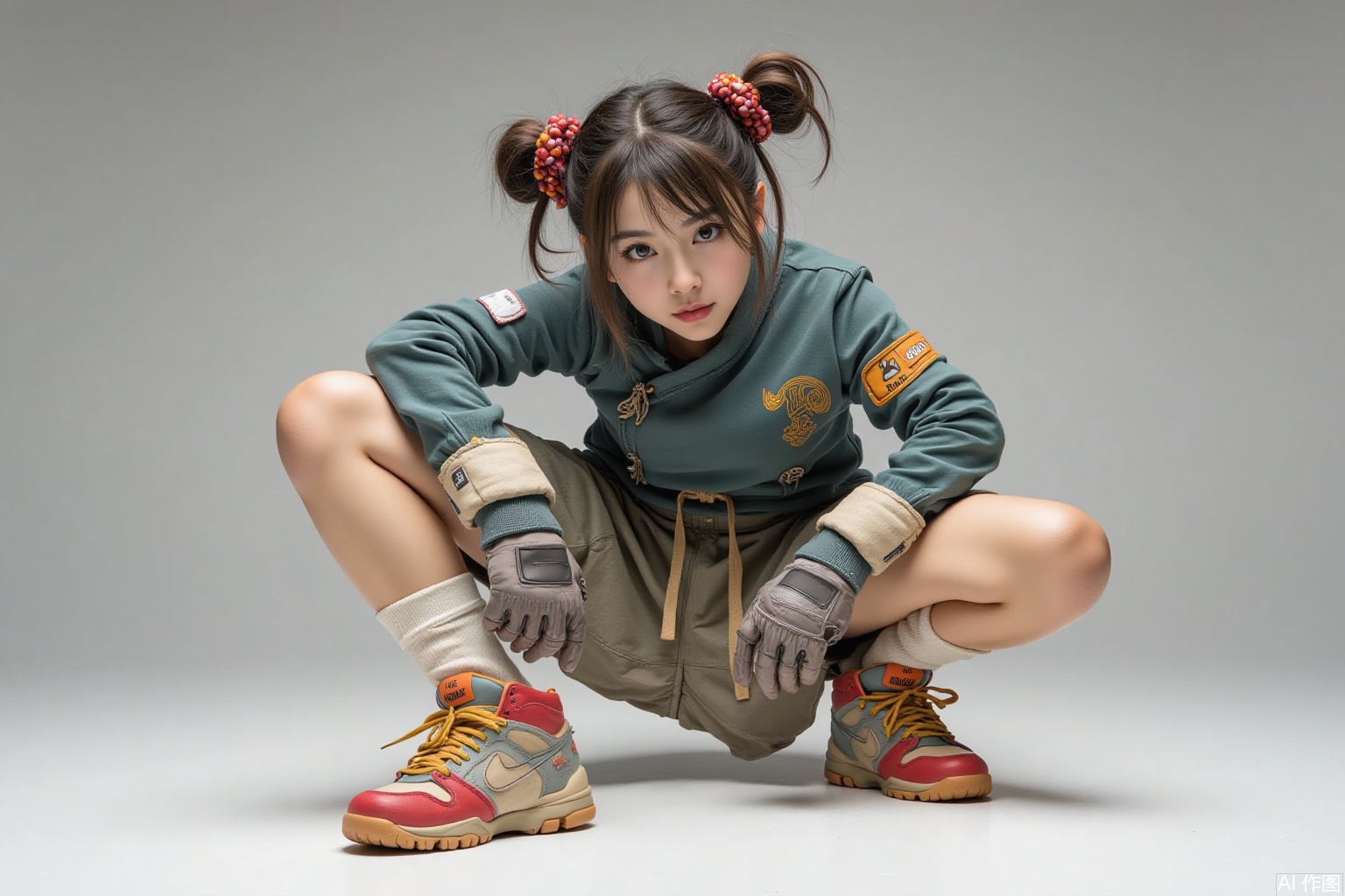 1girl brown eyes realistic nike socks squatting hair ornament jacket long sleeves shoes solo cross-laced footwear sneakers,