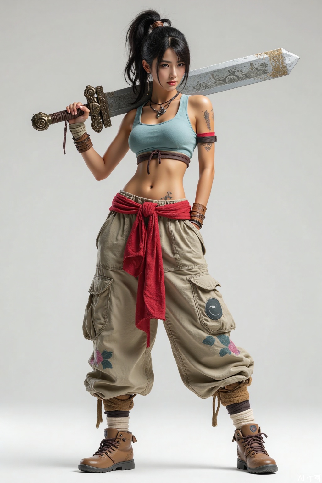 1girl,carrying a big sword on her shoulders, black hair, breasts, clothes around waist, crop top, full body, jewelry, lips, medium breasts, midriff, navel, ponytail, realistic, solo, standing, tattoo, wristband,Pants,shoes,