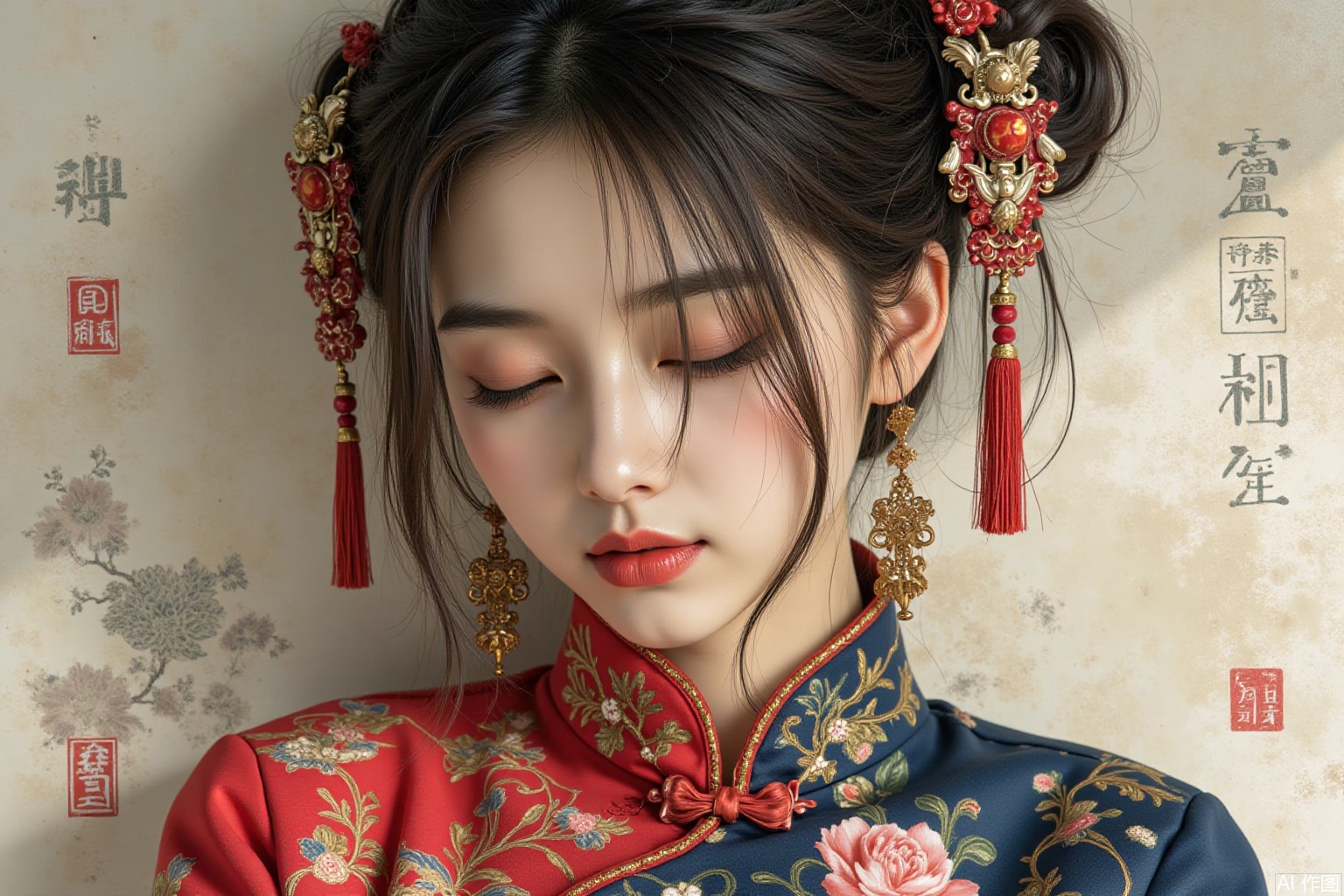 1girl, black hair, eyelashes, floral print, realistic, closed eyes, closed mouth, hair ornament, tassel, solo, red lips, chinese clothes,