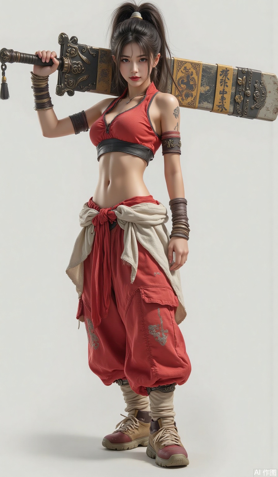 1girl,carrying a big sword on her shoulders, black hair, breasts, clothes around waist, crop top, full body, jewelry, lips, medium breasts, midriff, navel, ponytail, realistic, solo, standing, tattoo, wristband,Pants,shoes,