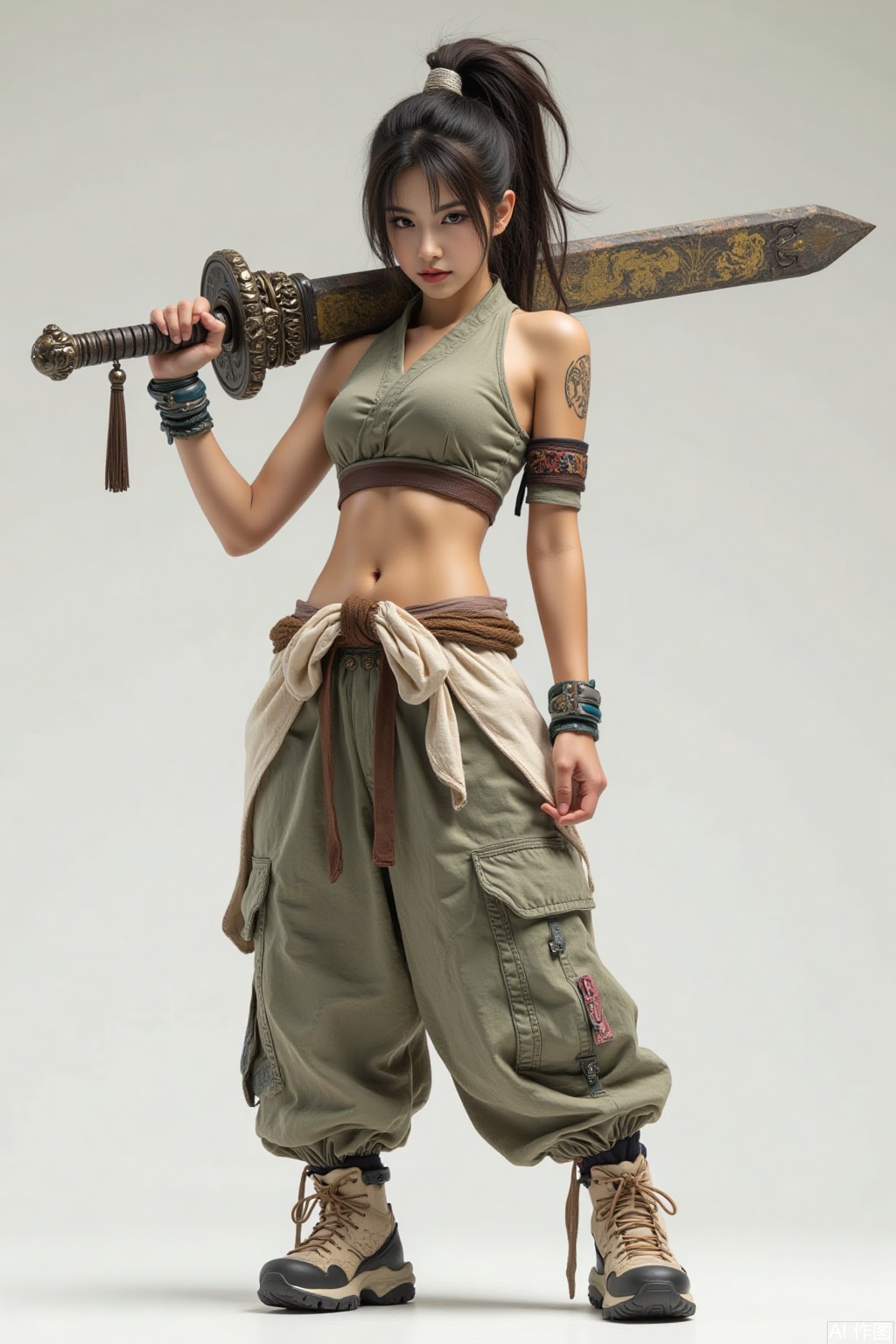 1girl,carrying a big sword on her shoulders, black hair, breasts, clothes around waist, crop top, full body, jewelry, lips, medium breasts, midriff, navel, ponytail, realistic, solo, standing, tattoo, wristband,Pants,shoes,