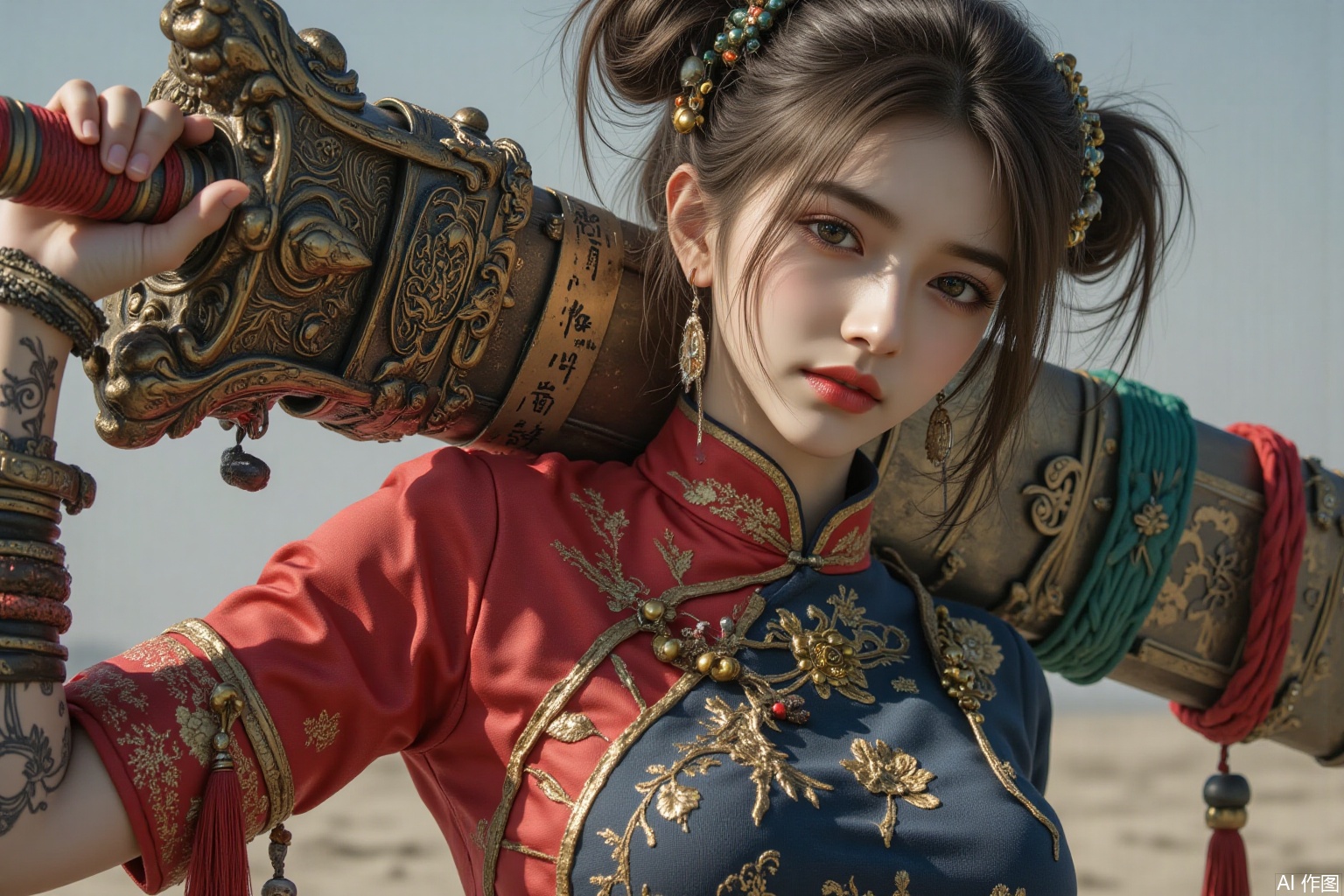 A beautiful woman in a Chinese dress carrying a huge sword on her shoulders and double buns