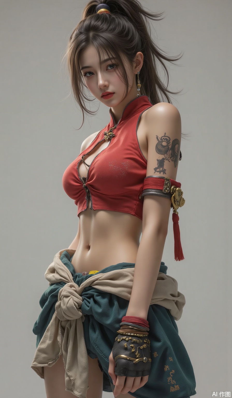 1girl, black hair, breasts, clothes around waist, crop top, full body, jewelry, lips, medium breasts, midriff, navel, ponytail, realistic, solo, standing, tattoo, wristband,