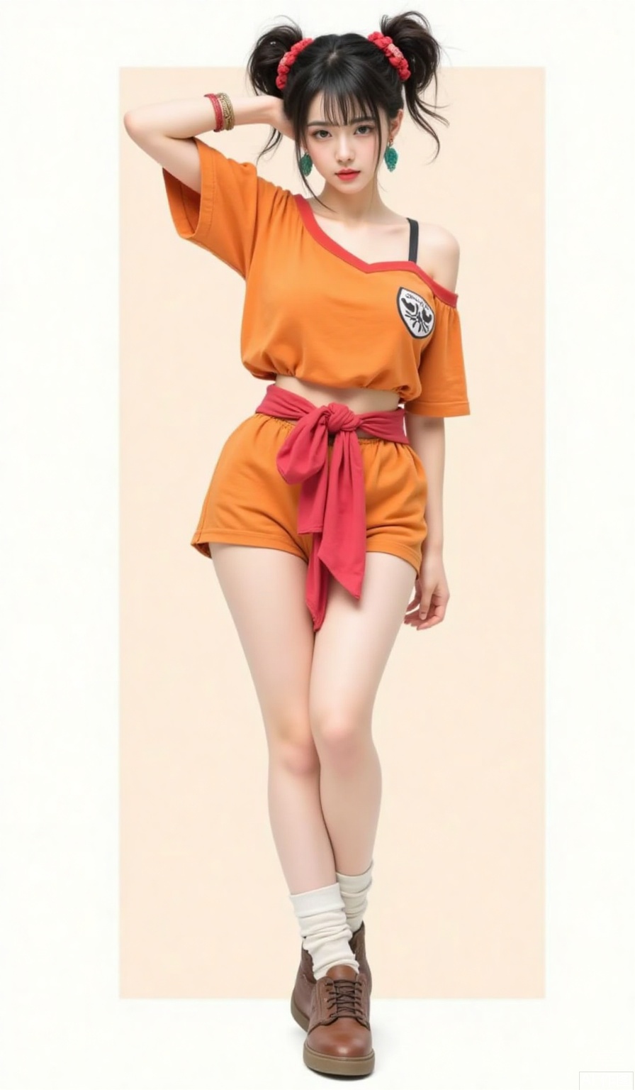 1girl, arm behind head, black hair, collarbone, earrings, full body, hair ornament, hair scrunchie, jewelry, lips, lipstick, off shoulder, orange dress, orange footwear, orange shirt, orange shorts, orange skirt, scrunchie, shirt, shorts, solo, standing, twintails,