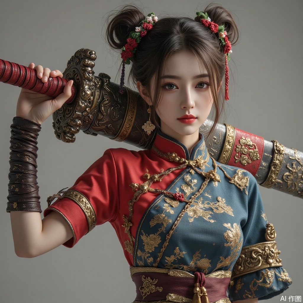 A beautiful woman in a Chinese dress carrying a huge sword on her shoulders and double buns