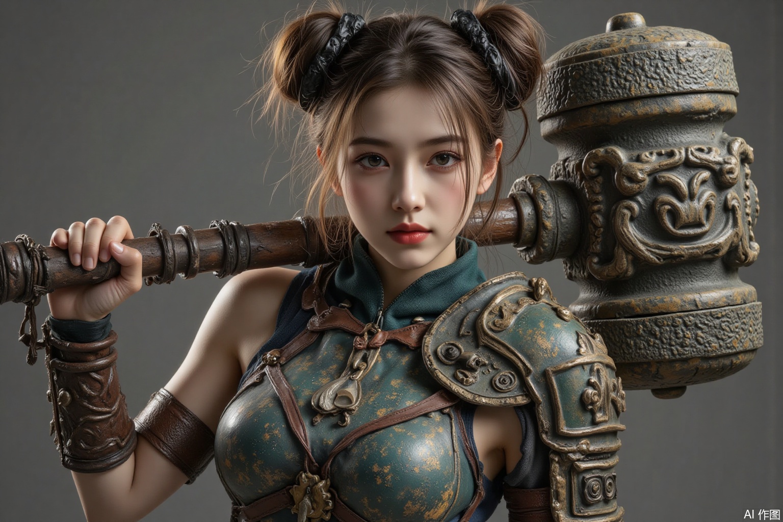 1girl,armor,carrying a sledgehammer on her shoulders,double buns,