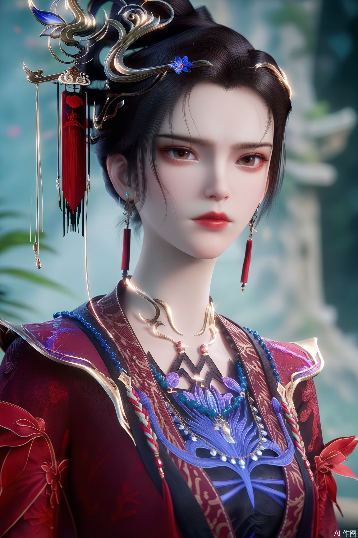 score_9, score_8_up, score_7_up,
1girl, solo, looking at viewer, black hair, hair ornament, dress, brown eyes, jewelry, closed mouth, upper body, earrings, necklace, blurry, blurry background, expressionless, chinese clothes, tassel, red lips