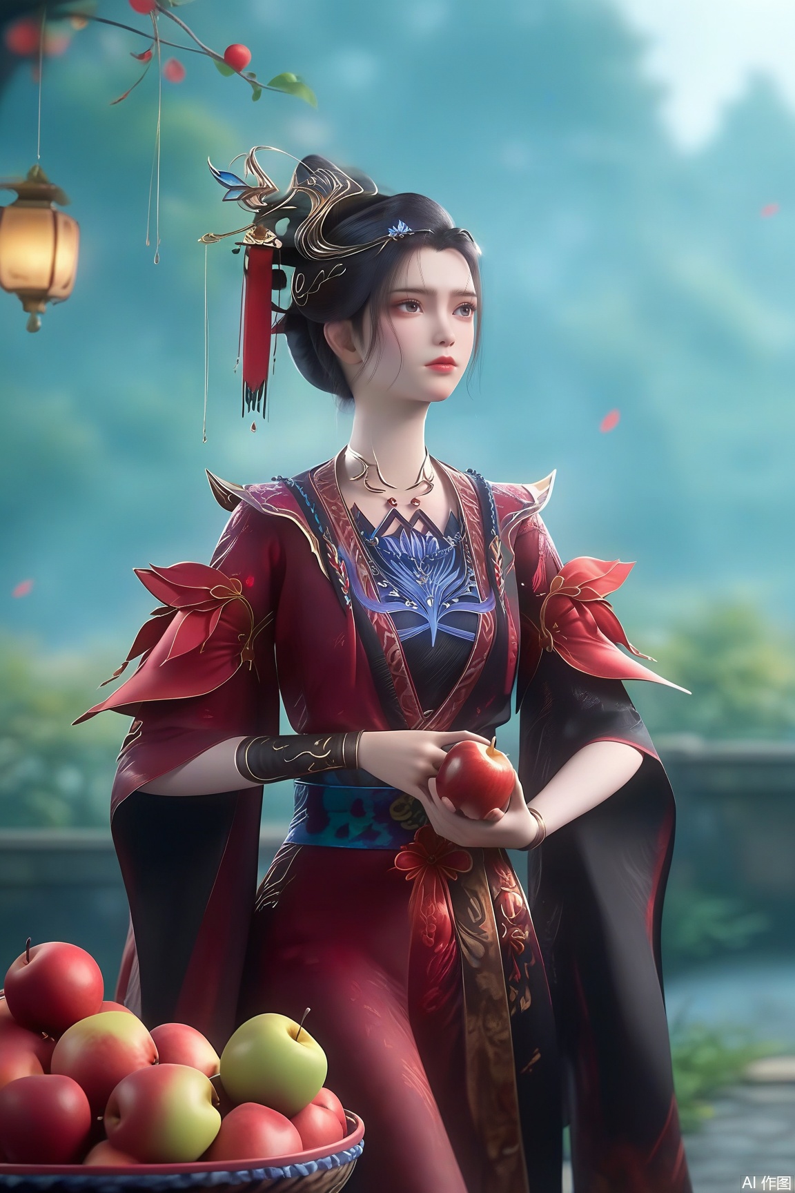 score_9, score_8_up, score_7_up,
1girl, solo, black hair, hair ornament, dress, jewelry, outdoors, food, wide sleeves, hair bun, blurry, fruit, blurry background, red dress, single hair bun, apple, basket