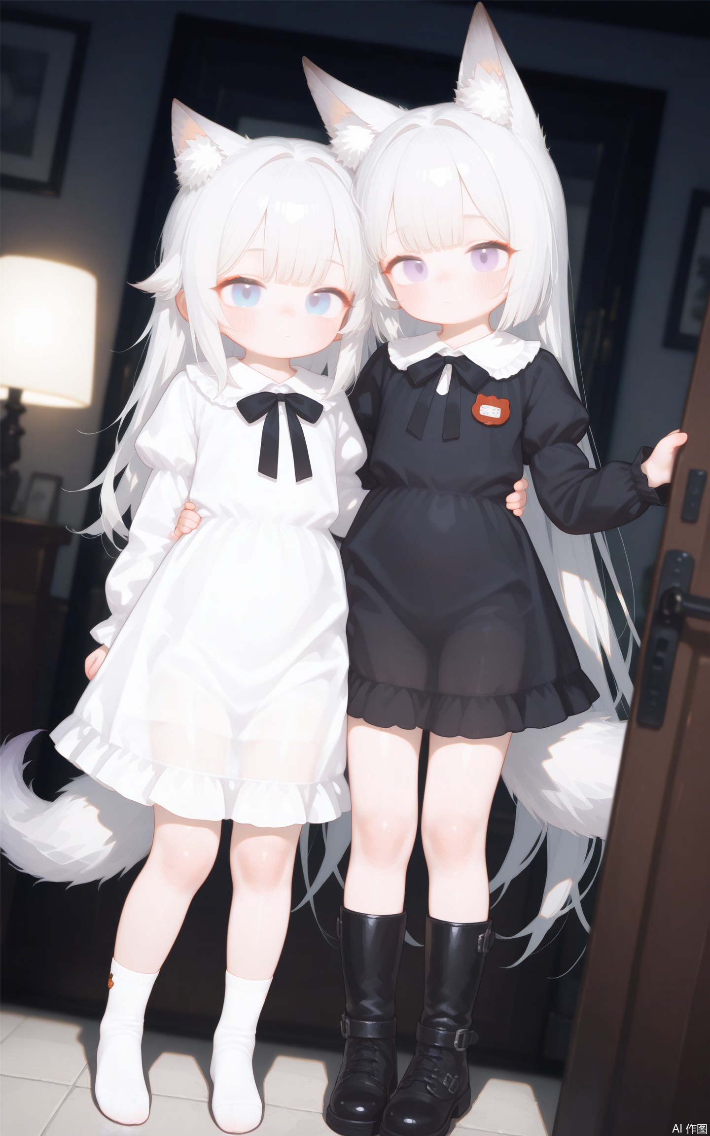 aged down,loli,loli,loli,female child,little girl,petite,fox girl,fox ears,fox tail,long hair, looking at viewer, blush, bangs, blue eyes, multiple girls, long sleeves, dress, 2girls, animal ears, very long hair, closed mouth, standing, purple eyes, full body, white hair, boots, frills, socks, puffy sleeves, indoors, cat ears, black footwear, white dress, black dress, see-through, black bow, siblings, no shoes, white footwear, frilled dress, juliet sleeves, sisters, lolita fashion, twins, door, gothic lolita,colorful,best quality,very aesthetic,absurdres,32K UHD,sharp focus,best-quality,Emotionalization,temperate atmosphere,with a high-end texture,in the style of fashion photography,Dynamic, dynamic force picture, (Visual impact:1.2),impactful picture,offcial art,amagi \(azur lane\),cxqsxhb