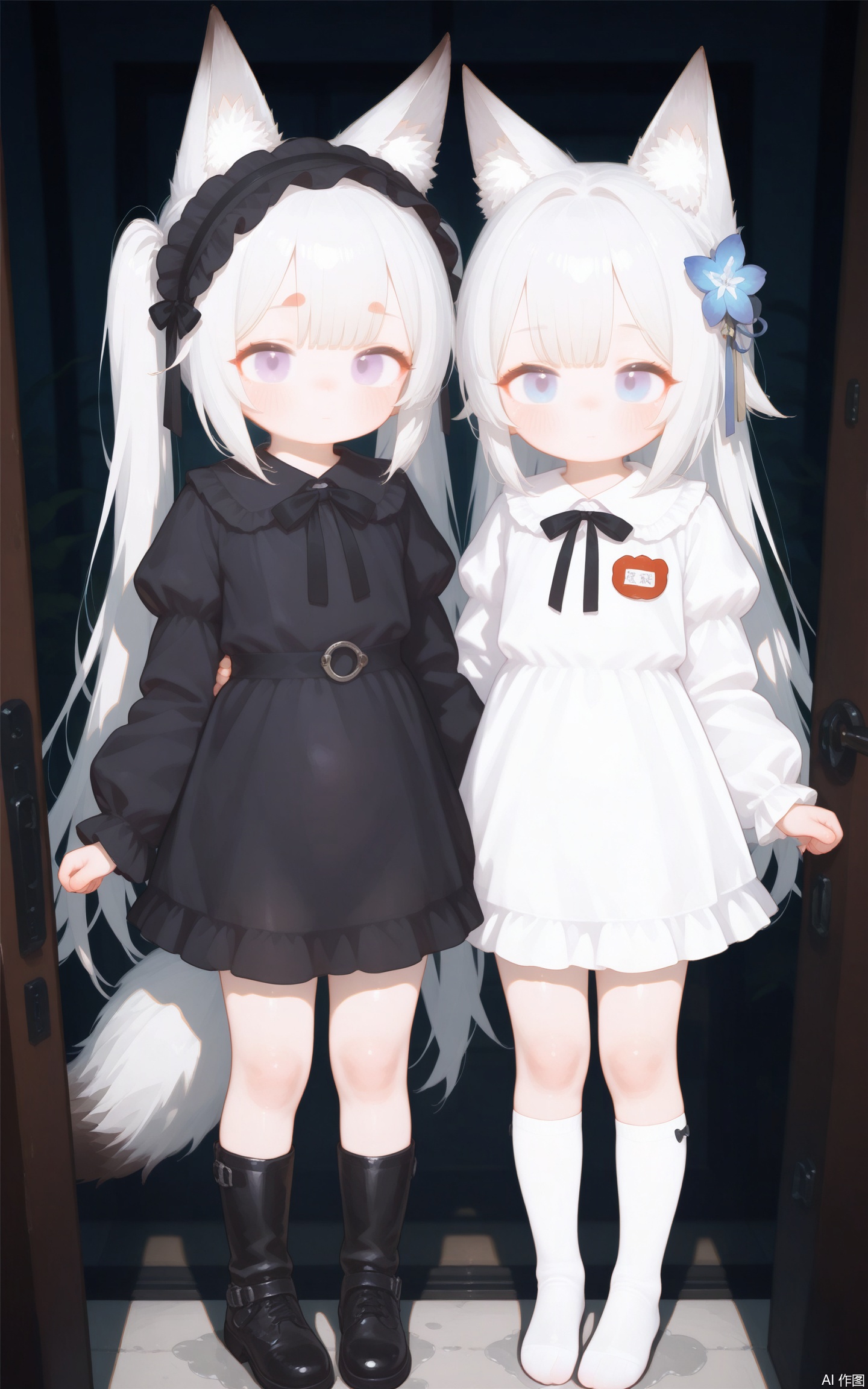 aged down,loli,loli,loli,female child,little girl,petite,fox girl,fox ears,fox tail,long hair, looking at viewer, blush, bangs, blue eyes, multiple girls, long sleeves, dress, 2girls, animal ears, very long hair, closed mouth, standing, purple eyes, full body, white hair, boots, frills, socks, puffy sleeves, indoors, black footwear, white dress, black dress, see-through, black bow, siblings, no shoes, white footwear, frilled dress, juliet sleeves, sisters, lolita fashion, twins, door, gothic lolita,colorful,best quality,very aesthetic,absurdres,32K UHD,sharp focus,best-quality,Emotionalization,temperate atmosphere,with a high-end texture,in the style of fashion photography,Dynamic, dynamic force picture, (Visual impact:1.2),impactful picture,offcial art,amagi \(azur lane\),cxqsxhb