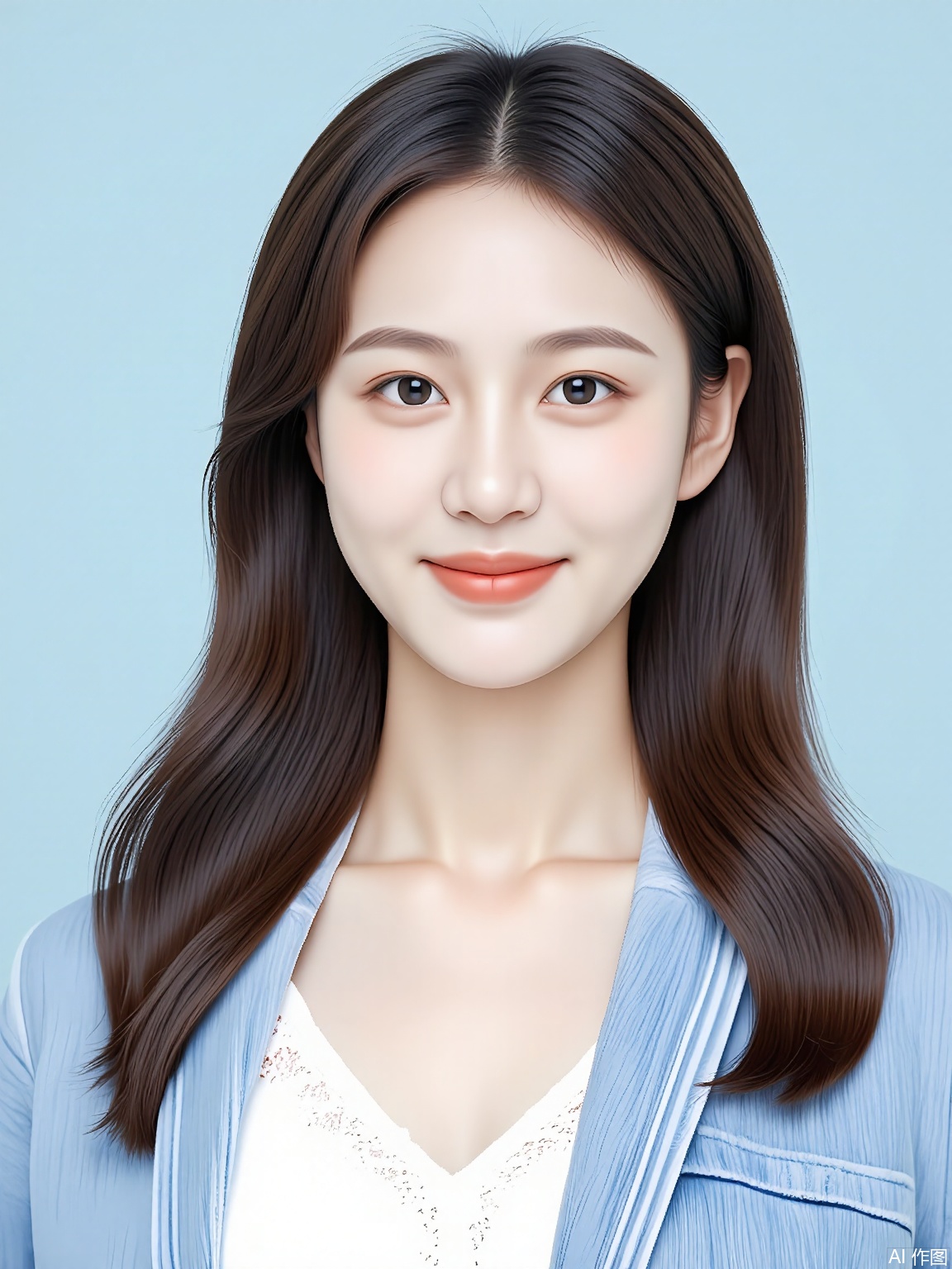 ZJZ,
A portrait of a young mixed-race woman with long, dark brown hair and a center part. She wears a white lace top under a light blue denim jacket. The backdrop is a pale sky blue, and the soft lighting brings out the delicate details of her lace top and the innocence in her eyes.
