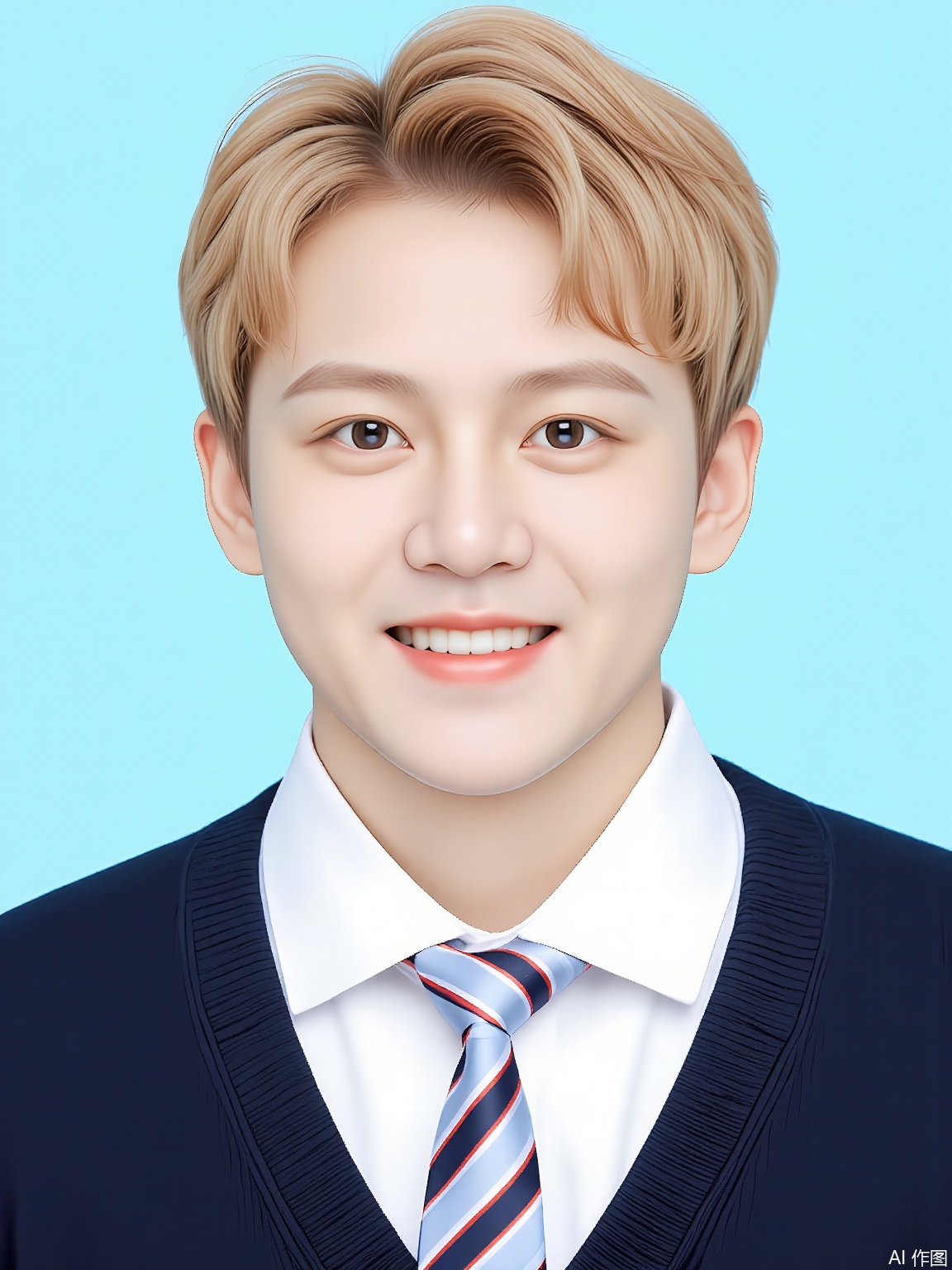 ZJZ,
A headshot of a young Caucasian man with short, blond hair and a determined look in his eyes. He's dressed in a white dress shirt with a red and blue striped tie under a navy blue cardigan. The background is a light baby blue, and the lighting is focused on his face, bringing out his strong jawline.

