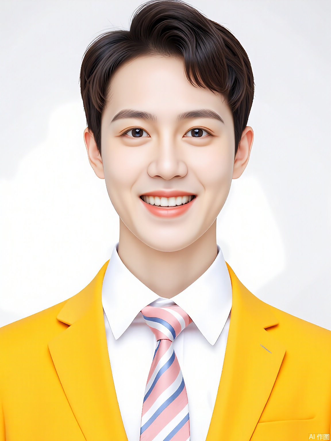 ZJZ,
A portrait of a young mixed-race man with short, black hair and a playful smile. He's in a white dress shirt with a red and blue polka-dot tie under a bright yellow blazer. The backdrop is a soft white, and the lighting creates a cheerful atmosphere, bringing out his youthful energy and the twinkle in his eyes.

