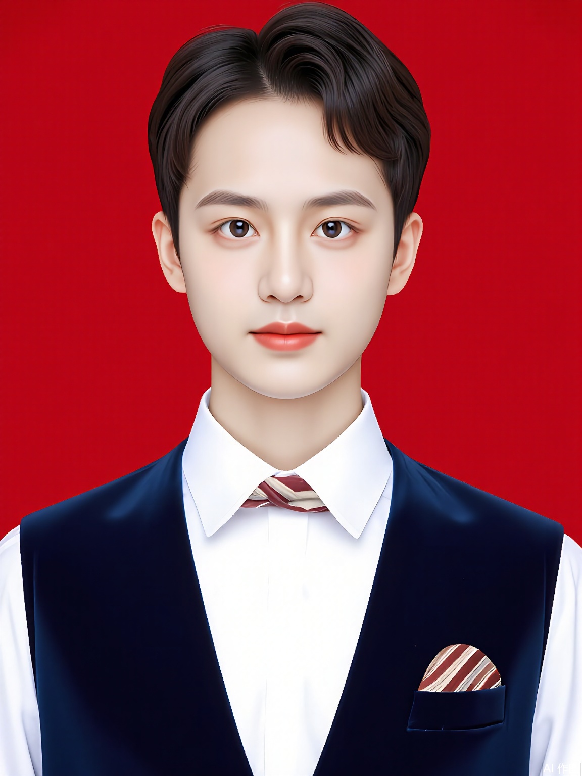 ZJZ,
A sweet portrait of a South Asian boy with a neatly combed side part and a serious yet cute expression. He's in a white formal shirt with a red and gold embroidered pattern on the collar and sleeves. A dark blue velvet waistcoat with gold buttons completes his look. The background is a solid, intense red, and the lighting emphasizes his sharp features and the maturity in his young eyes.
