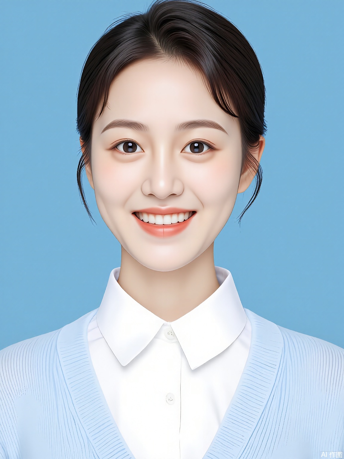 ZJZ,
A heartwarming front-facing portrait of a young Asian girl with bob-cut black hair and a shy, endearing smile. She dons a crisp white cotton shirt with a Peter Pan collar, paired with a pale blue knitted cardigan that has tiny white buttons. The backdrop is a solid, serene sky blue, and the soft, diffused lighting gently highlights her rosy cheeks and the innocence in her big, almond-shaped eyes.
