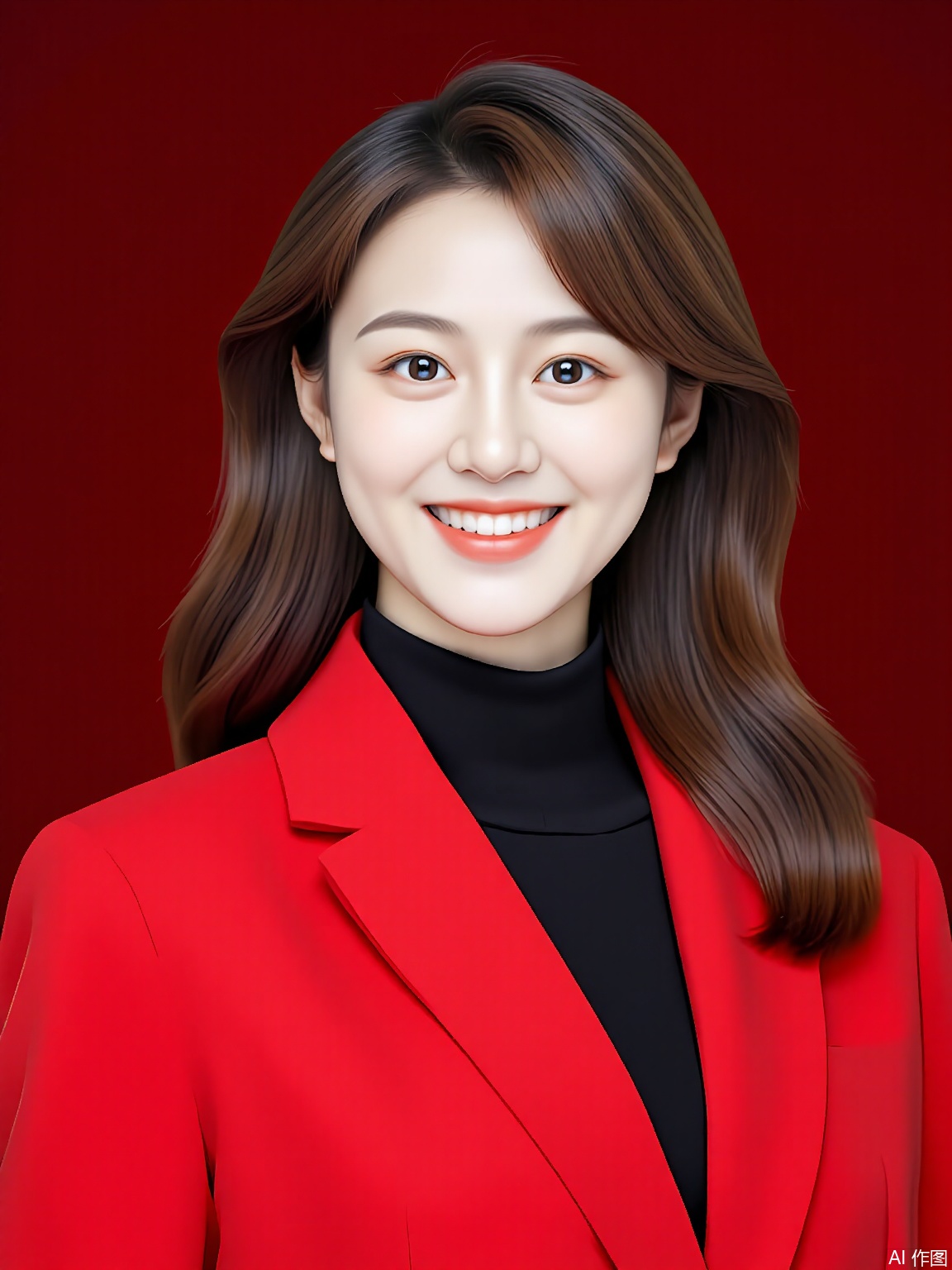 ZJZ,
A high-quality headshot of a middle-aged Caucasian woman with long, chestnut-brown hair styled in a sleek bun. She wears a vibrant red blazer paired with a black high-necked top. The backdrop is a deep crimson red, and the soft lighting brings out the warmth in her smile and the sparkle in her eyes.