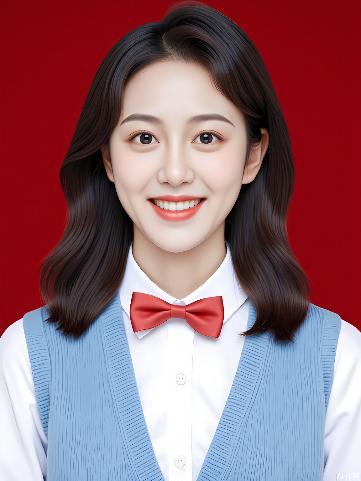 ZJZ,
A portrait of a young East Asian woman with long, black hair and a gentle smile. She sports a white blouse with a red bow tie and a light blue cardigan. The background is a soft red, and the lighting creates a romantic atmosphere, highlighting her feminine charm.
