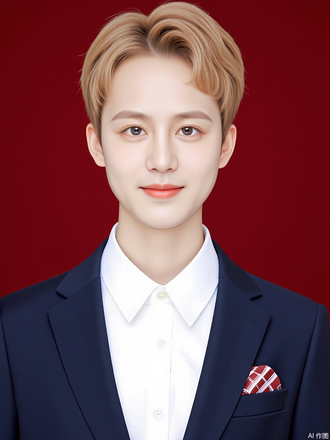 ZJZ,
A charming close-up of a Caucasian boy with tousled blond curls and a mischievous glint in his eyes. He wears a white dress shirt with short sleeves, featuring a small red pocket square peeking out. Over it, he sports a navy blue sailor-style jacket with golden buttons. The background is a deep, rich red, and the lighting accentuates his playful charm and the dimples in his cheeks when he smiles.
