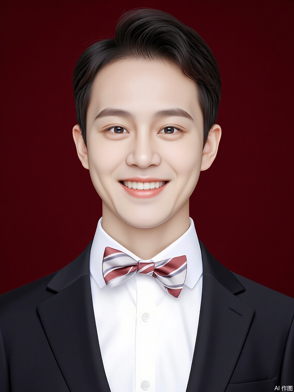ZJZ,
A front-facing portrait of a young East Asian man with glasses and a neatly styled side part. He's in a white dress shirt with a thin red tie and a black suit jacket. The backdrop is a deep maroon red, and the lighting highlights his intellectual look and the warmth in his smile.
