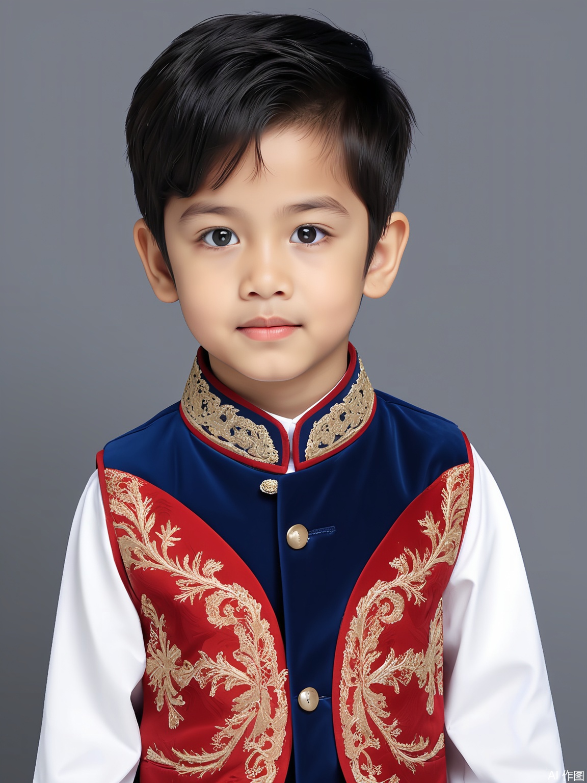 ZJZ, A sweet portrait of a South Asian boy with a neatly combed side part and a serious yet cute expression. He's in a white formal shirt with a red and gold embroidered pattern on the collar and sleeves. A dark blue velvet waistcoat with gold buttons completes his look. The background is a solid, intense red, and the lighting emphasizes his sharp features and the maturity in his young eyes.

