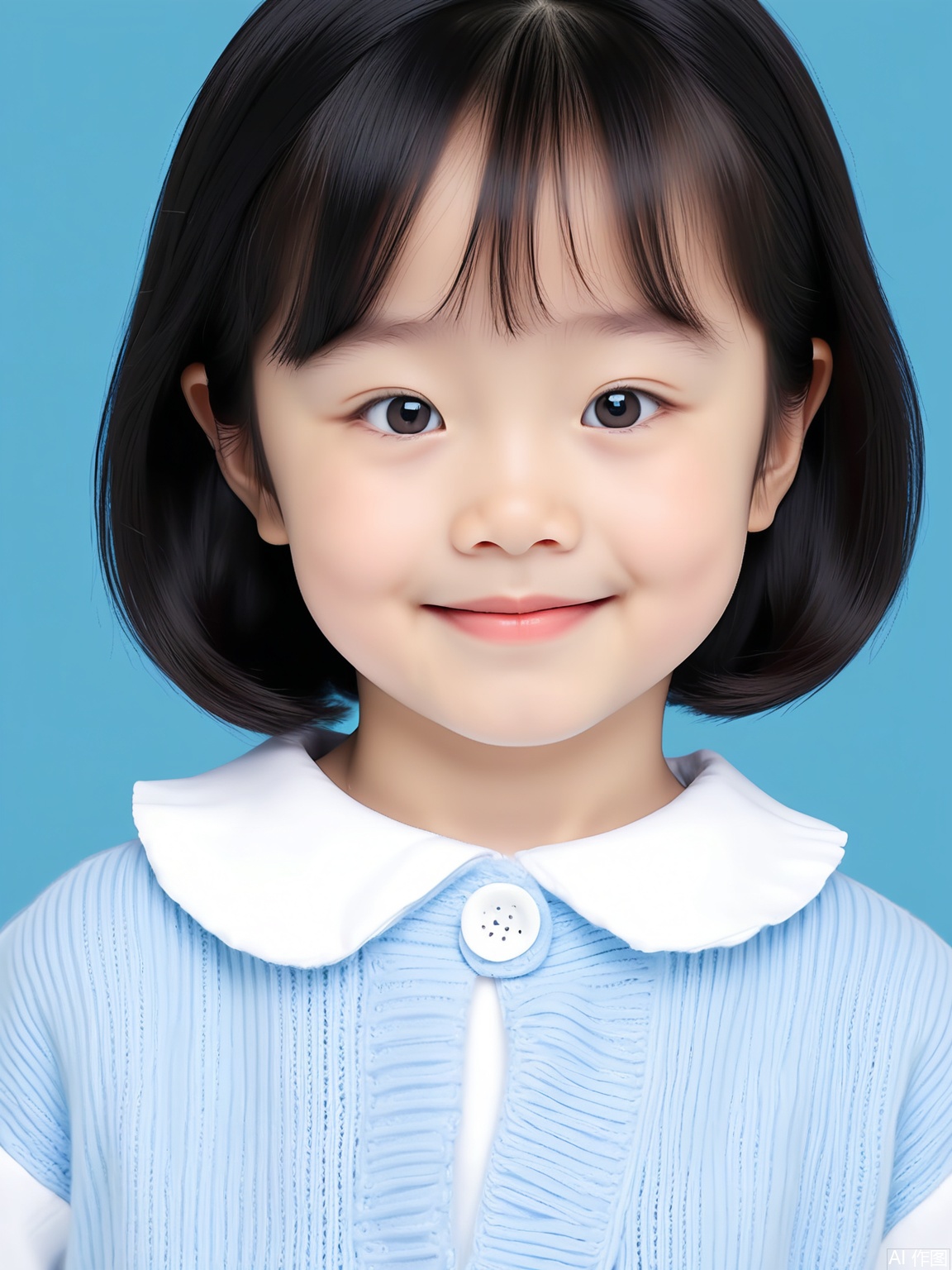 ZJZ, A heartwarming front-facing portrait of a young Asian girl with bob-cut black hair and a shy, endearing smile. She dons a crisp white cotton shirt with a Peter Pan collar, paired with a pale blue knitted cardigan that has tiny white buttons. The backdrop is a solid, serene sky blue, and the soft, diffused lighting gently highlights her rosy cheeks and the innocence in her big, almond-shaped eyes.

