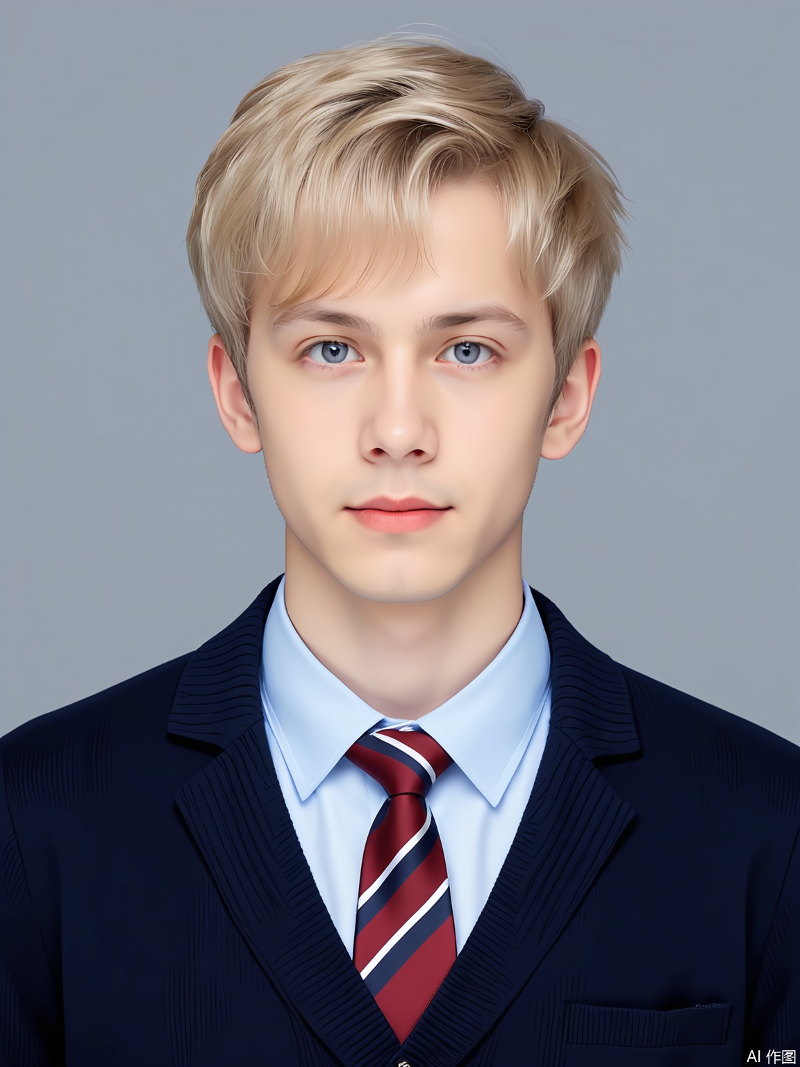 ZJZ, A headshot of a young Caucasian man with short, blond hair and a determined look in his eyes. He's dressed in a white dress shirt with a red and blue striped tie under a navy blue cardigan. The background is a light baby blue, and the lighting is focused on his face, bringing out his strong jawline.


