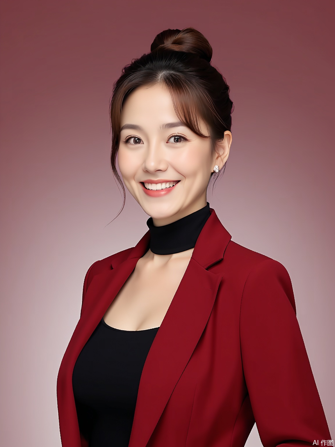 ZJZ, A high-quality headshot of a middle-aged Caucasian woman with long, chestnut-brown hair styled in a sleek bun. She wears a vibrant red blazer paired with a black high-necked top. The backdrop is a deep crimson red, and the soft lighting brings out the warmth in her smile and the sparkle in her eyes.
