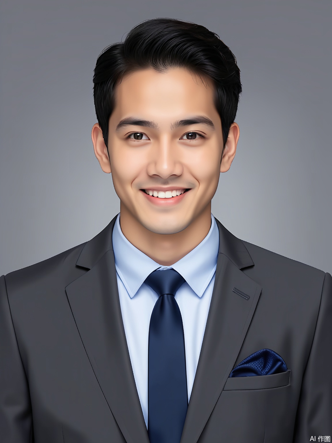 ZJZ, A professional-looking headshot of a young Hispanic man with a clean-shaven face and a friendly smile. He's in a charcoal gray suit with a light gray dress shirt and a navy blue pocket square. The backdrop is a solid white, and the soft lighting creates a gentle contrast, making his features stand out.
