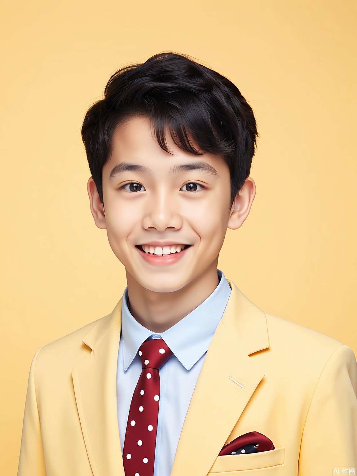 ZJZ, A portrait of a young mixed-race man with short, black hair and a playful smile. He's in a white dress shirt with a red and blue polka-dot tie under a bright yellow blazer. The backdrop is a soft white, and the lighting creates a cheerful atmosphere, bringing out his youthful energy and the twinkle in his eyes.


