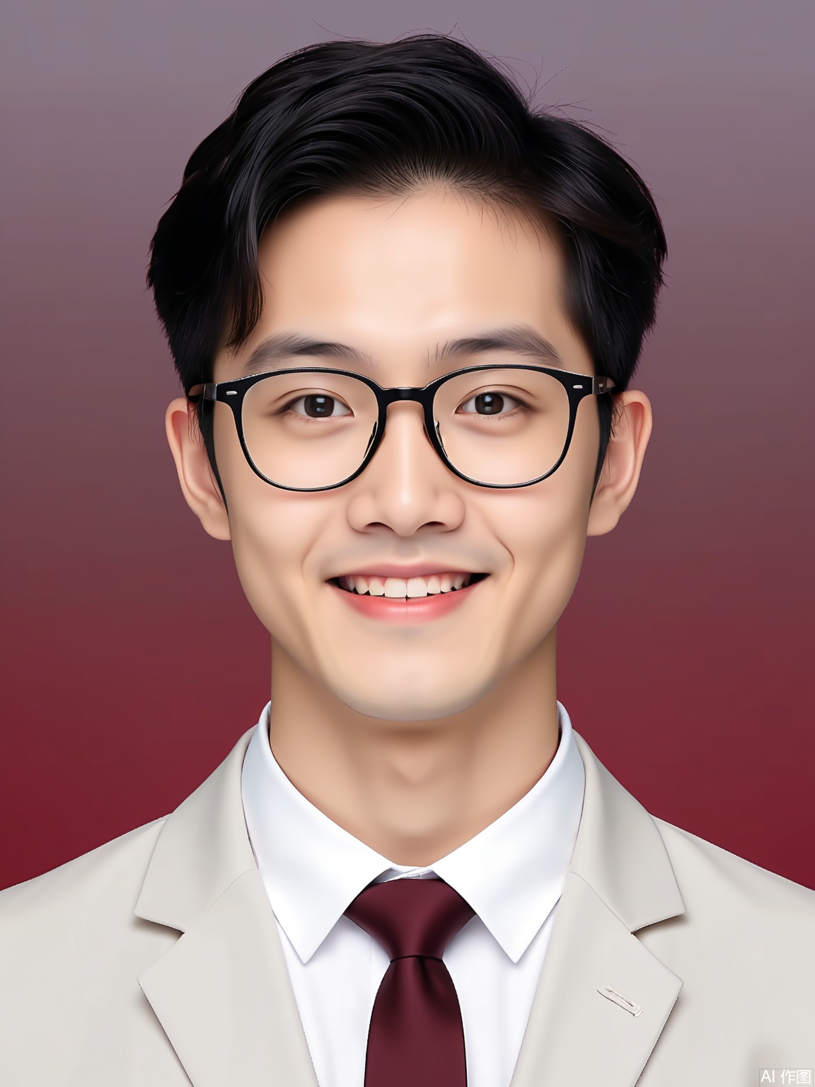 ZJZ, A front-facing portrait of a young East Asian man with glasses and a neatly styled side part. He's in a white dress shirt with a thin red tie and a black suit jacket. The backdrop is a deep maroon red, and the lighting highlights his intellectual look and the warmth in his smile.
