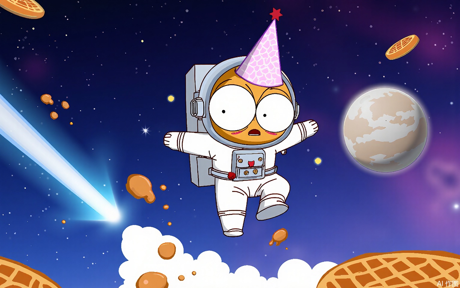 KXCC, 
A wide-eyed astronaut ice cream cone floats in zero-gravity, cone legs kicking, as a mischievous comet wearing a party hat zips past, sprinkles swirling into a nebula where waffle-shaped asteroids collide.
