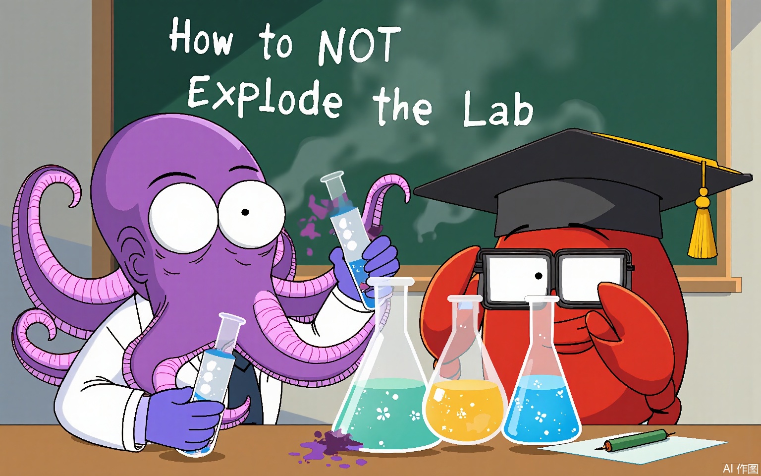 KXCC, 
A wide-eyed octopus in a lab coat fumbles test tubes, ink squirting everywhere, as a stoic crab in a graduation cap adjusts glasses, surrounded by bubbling beakers and a blackboard scribbled with "How to NOT Explode the Lab."
