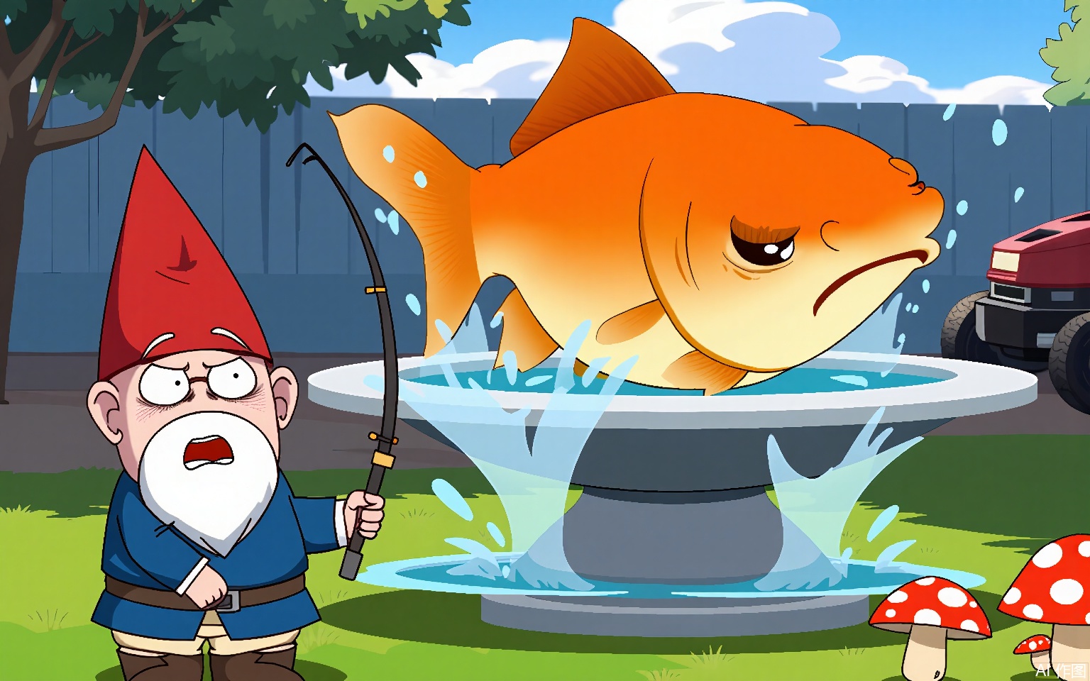 KXCC, 
A startled garden gnome with a fishing rod screams as a giant goldfish leaps from a birdbath, water splashing, mushrooms fleeing in a backyard where rubber ducks pilot lawnmowers.
