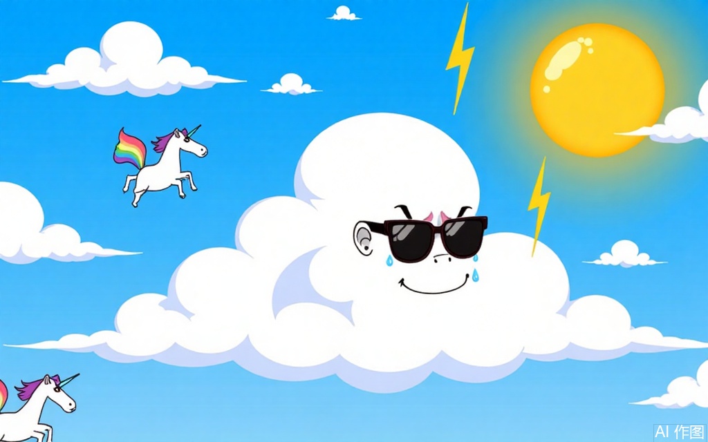 KXCC, 
A flustered cloud with raindrop tears cowers from a mischievous sun wearing sunglasses, lightning bolts zapping, as rainbow unicorns gallop through candy-floss clouds in a sky where gravity is optional.


